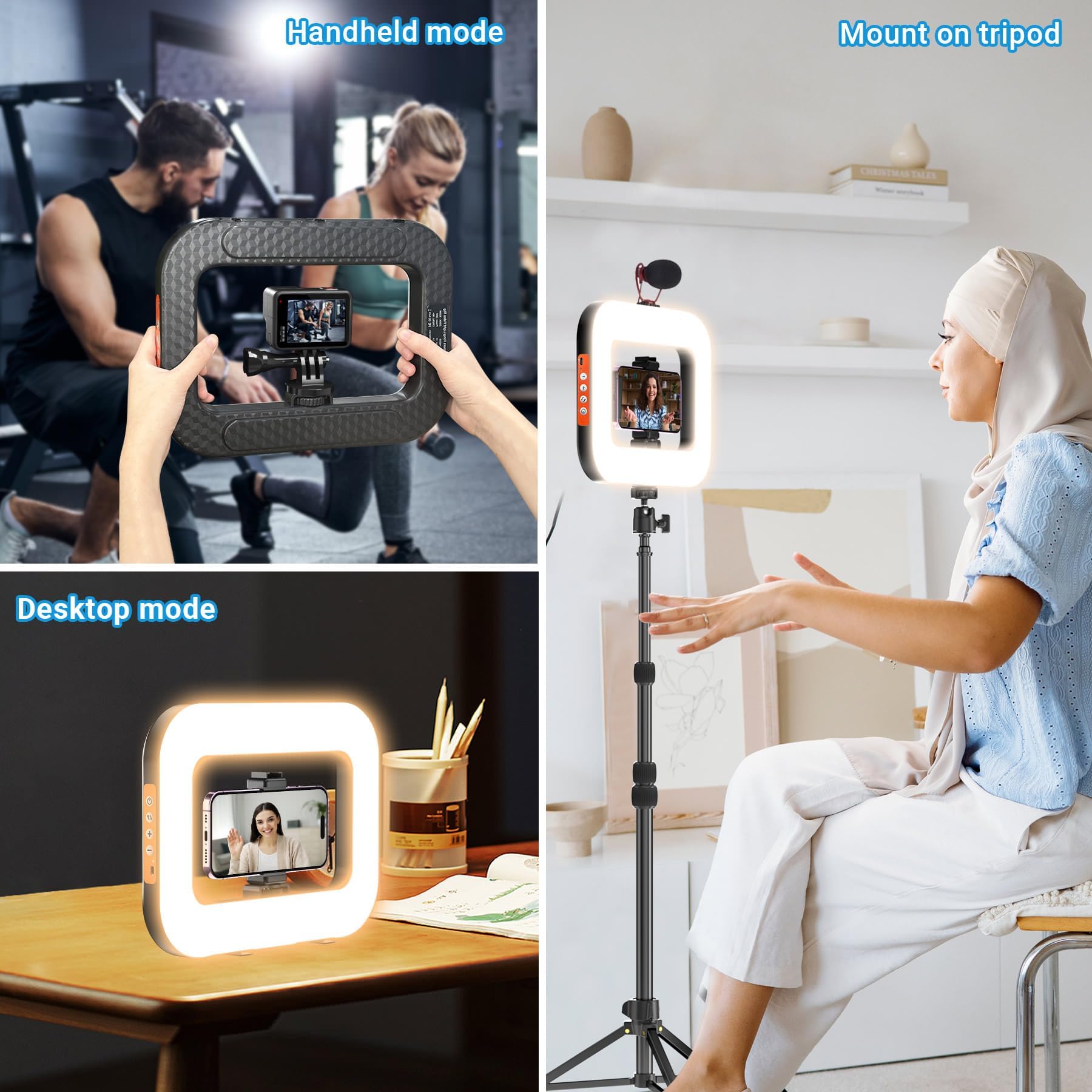 Anillo de luz recargable sin soporte, anillo de luz cuadrado inalámbrico para accesorios de cabina de fotos de 360 grados, estabilizador de video de teléfono para iPhone con batería integrada de 4000