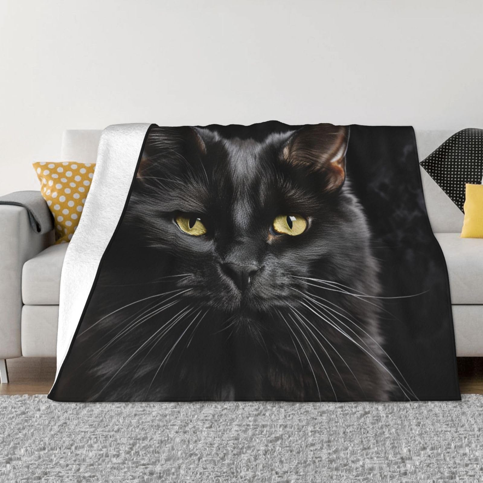 Couverture polaire chat noir flanelle chaude et légère pour canapé et lit