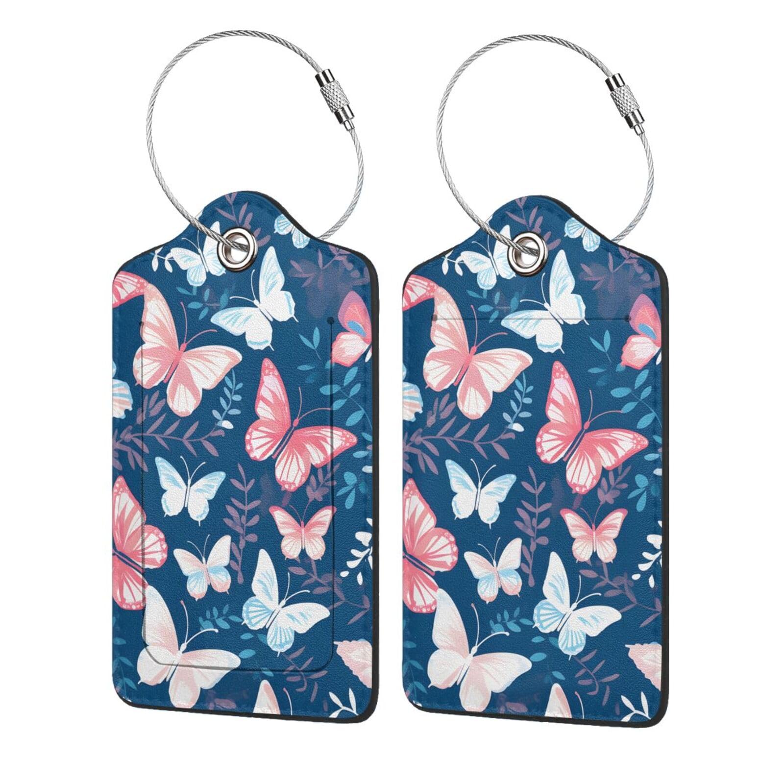 4 etiquetas de equipaje de piel sintética para maleta, diseño de mariposa de ensueño, pintura de tinta rosa y azul, etiqueta de equipaje con lazo de acero inoxidable, cubierta de privacidad, etiqueta