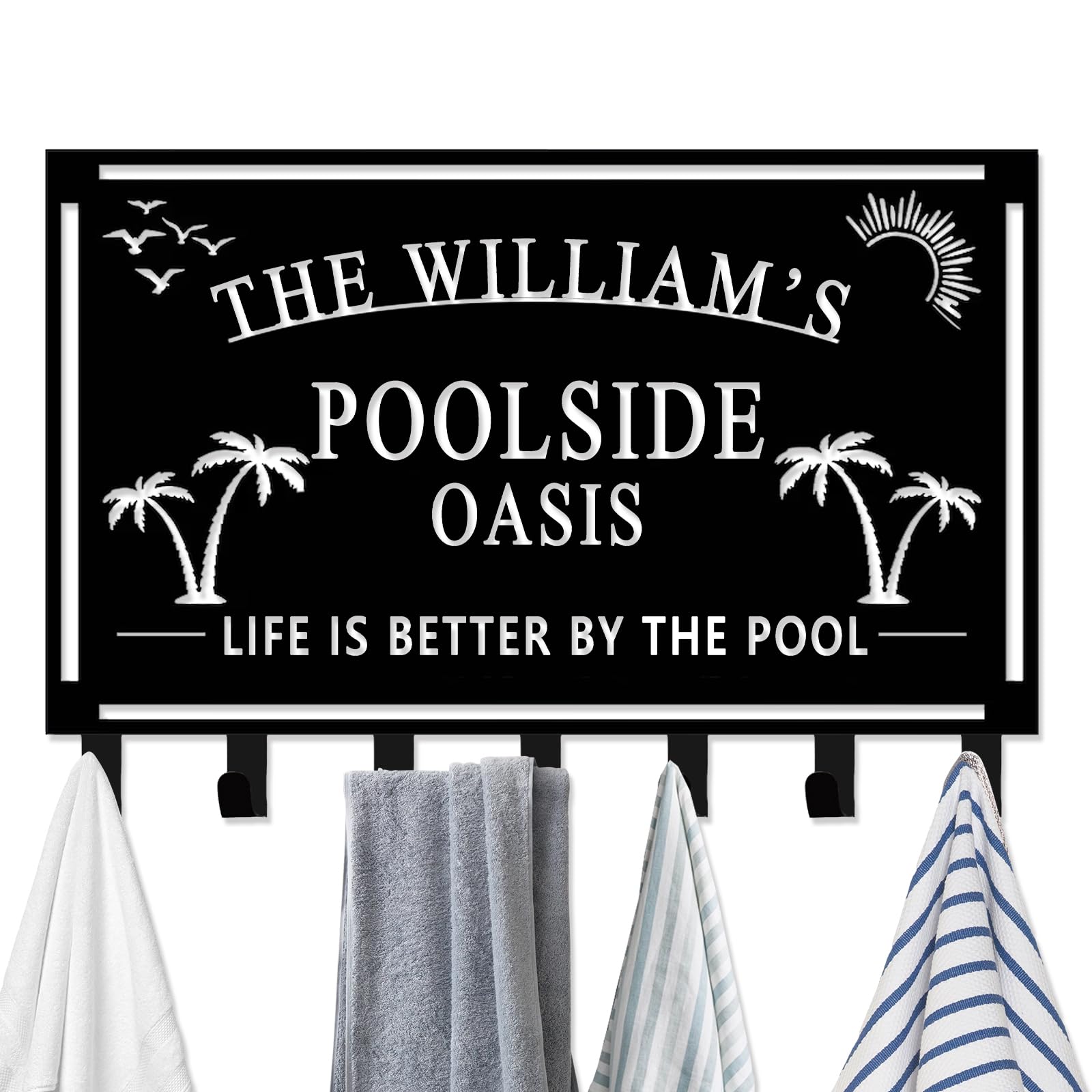 LMYSXAOZ Custom Pool Towel Rack Wall Mount Personalized Name Metal Sign Poolside Hook Outdoor Holder Organizer Accessories for Robe, Towel, Coat, Swimsuit, Umbrella, Bag, Keys (Style 2)