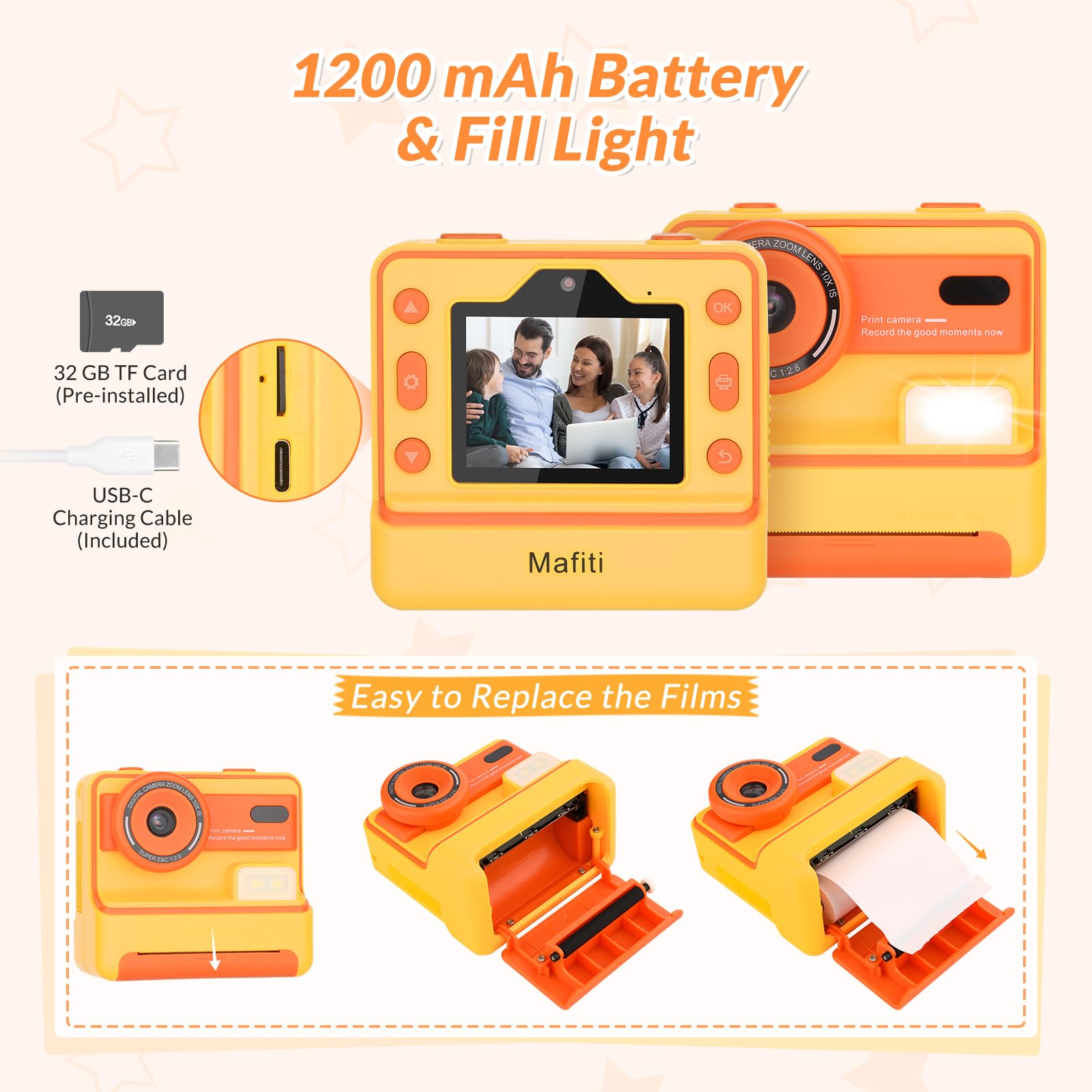 Mafiti Kids Camera Instant Print, Fotocamera istantanea 1080P per bambini, Fotocamera digitale selfie con display da
