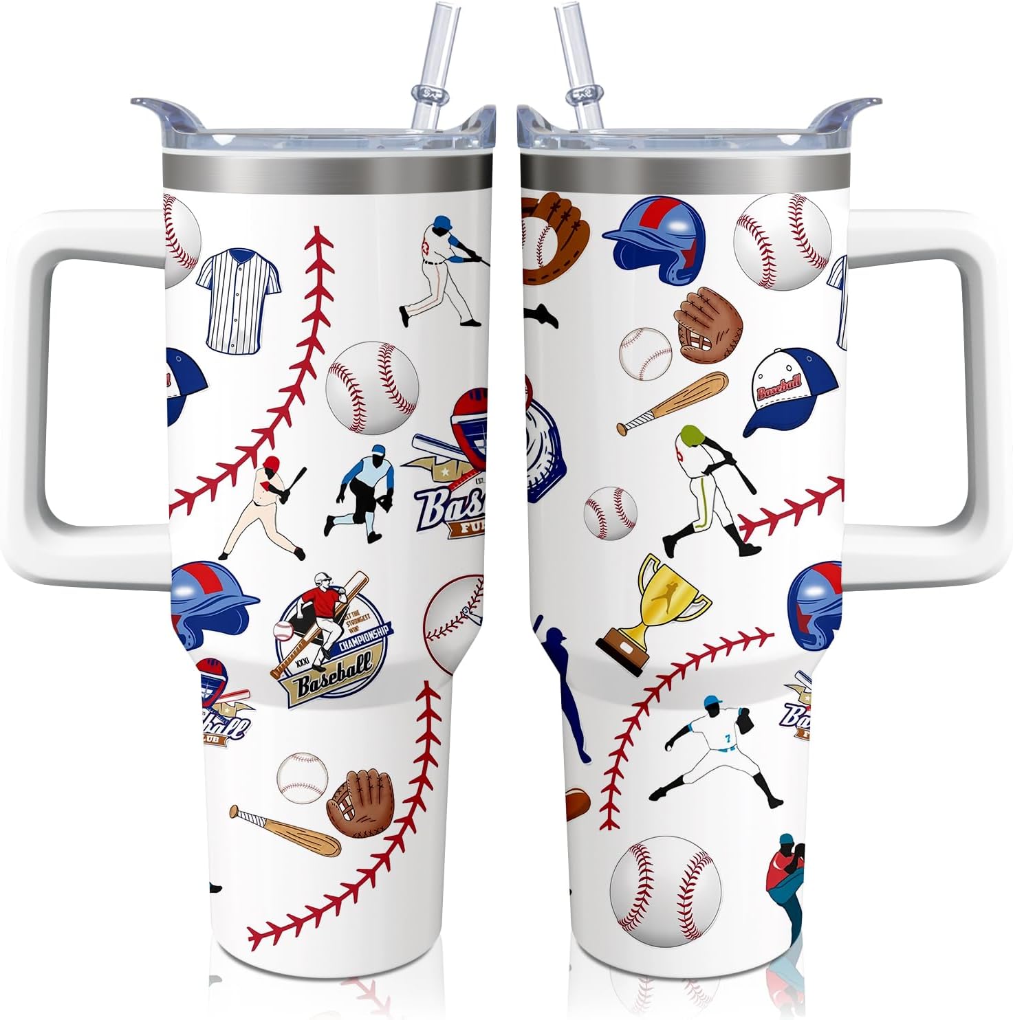 40oz Baseball Tumbler with Handle, Birthday Gift for Man, Sports Coach Insulated Stainless Steel Cup with Lid and Straws, Reusable Travel Coffee Mug Water Bottle