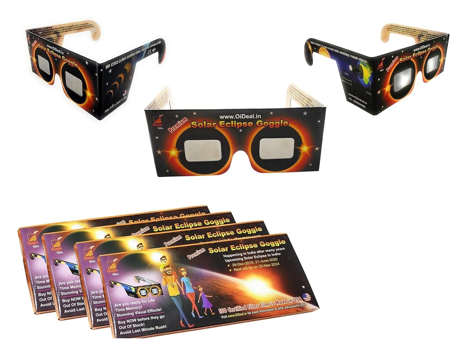 StepsToDo (with device) Premium Solar Eclipse Goggle. Sun Viewer Glasses (Set of 4)