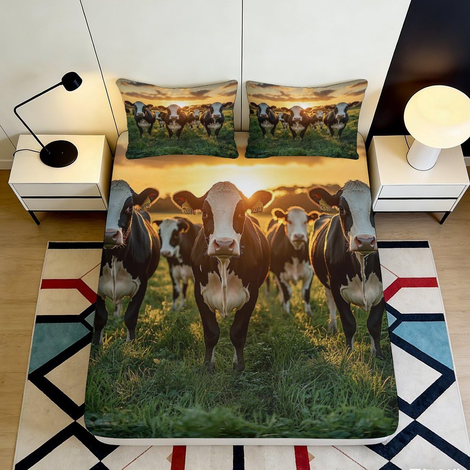 3D Printed Pastoral Cow Fitted Sheet Microfiber Deep Pocket Washable Bedroom Bedding Pasture Cow Mattress Fitted Cover for Home Adults 180x200x25cm