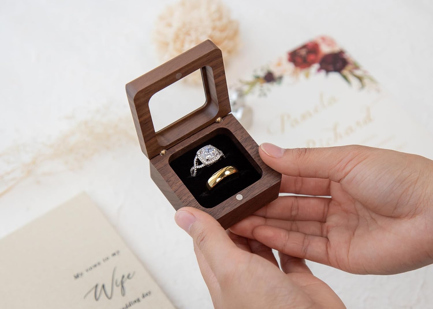 Double Ring Box (Glass Lid) - Wedding Ceremony Ring Bearer Box Walnut Wood with Clear Transparent Lid, Proposal Engagement Ring Storage for 2 Rings, Unique Gift for Her, Two Slots, 2.25 x 2.25 x 1.75