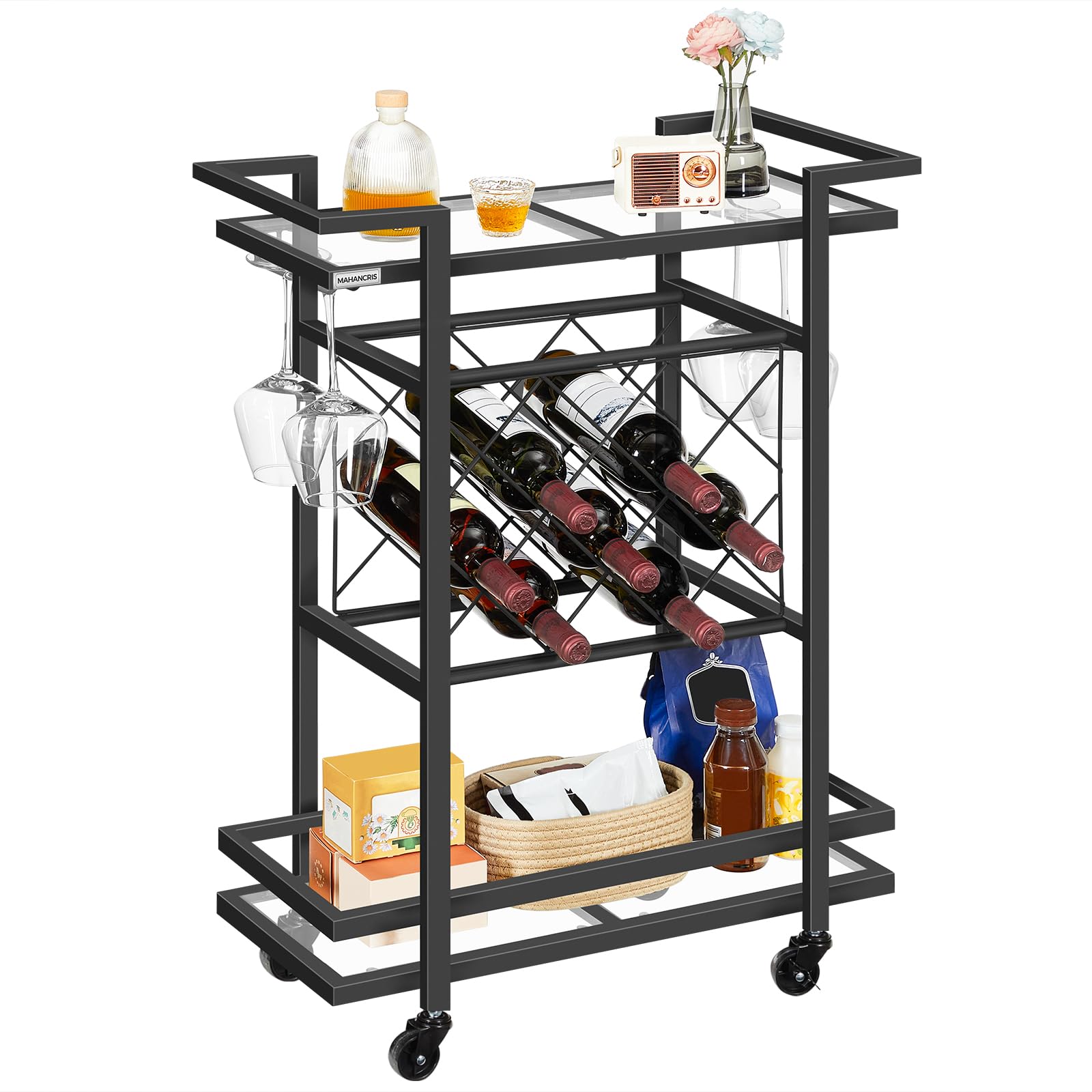 MAHANCRIS Glass Bar Cart, Home Bar Serving Cart, 3 Tier Drink Cart with 7 Wine Bottle Racks, Glass Holders, Beverage Cart on Wheels for Kitchen, Bar, Dining Room, Living Room, Outdoor, Black RCH50B01