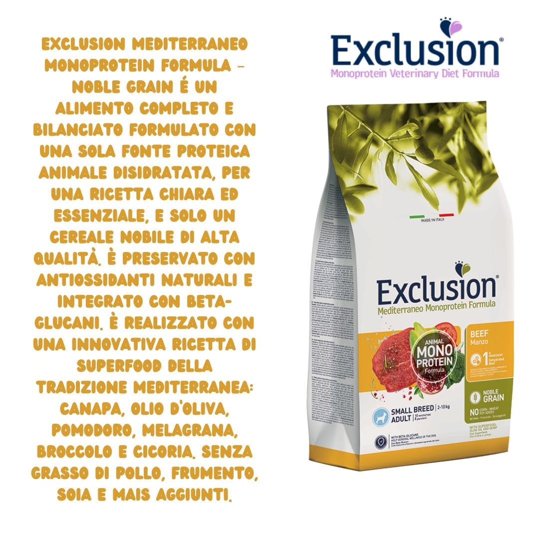 Exclusion Monoprotein Small Adult Ternera 7 kg, alimento completo para perros adultos de talla pequeña de 2 a 10 kilogramos.