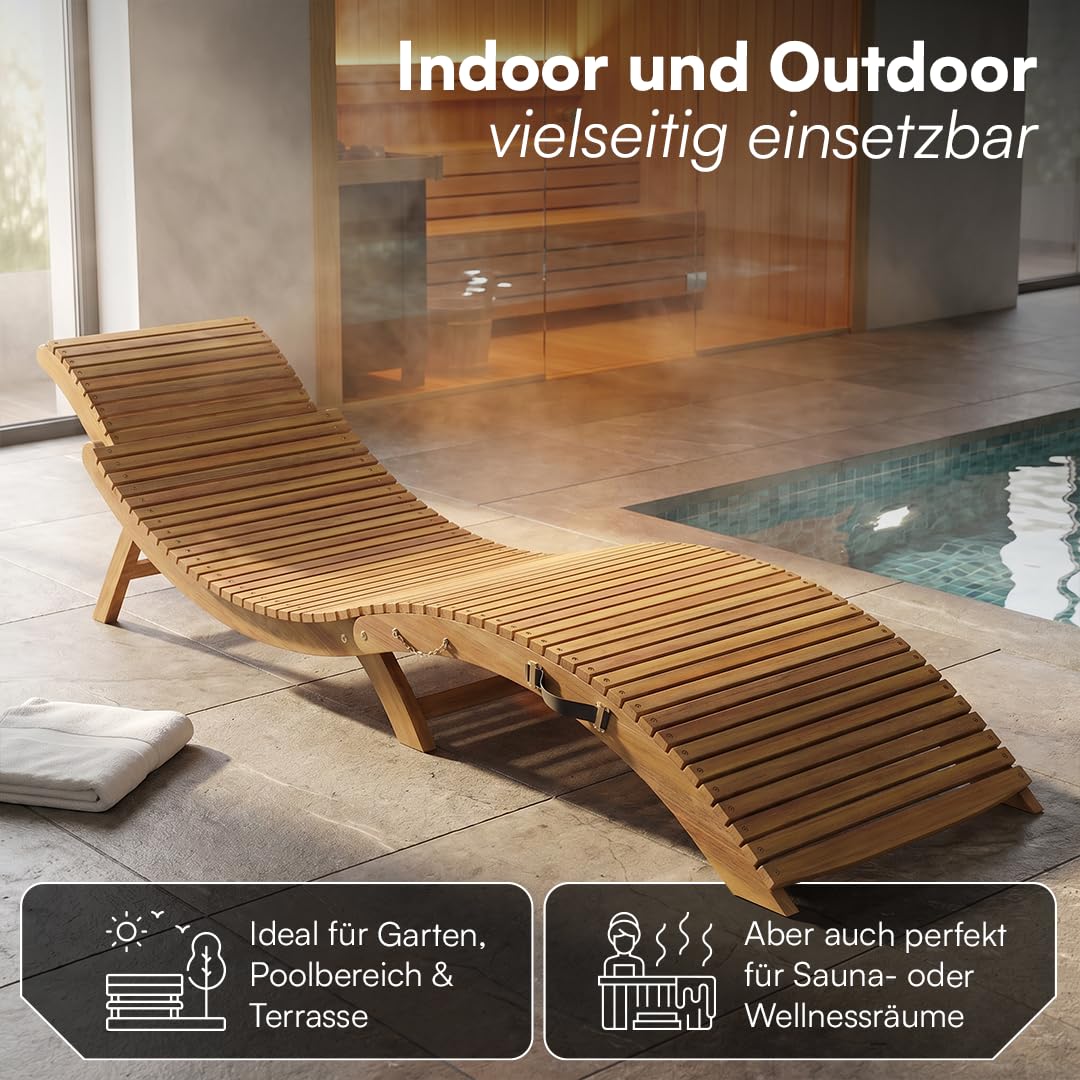 STEELSØN Gartenliege Ophira aus Holz – klappbare Sonnenliege – Holzliege für den Garten wasserfest – Saunaliege mit Verstellbarer Kopfstütze – Akazienholz Natur geölt – bis 200 kg belastbar