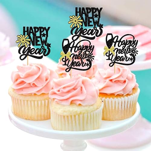Miniatura 5 de Keaziu 24 adornos para cupcakes de Año Nuevo, bienvenida, fuegos artificiales, copas para magdalenas para felicitaciones 2024, feliz Año Nuevo,