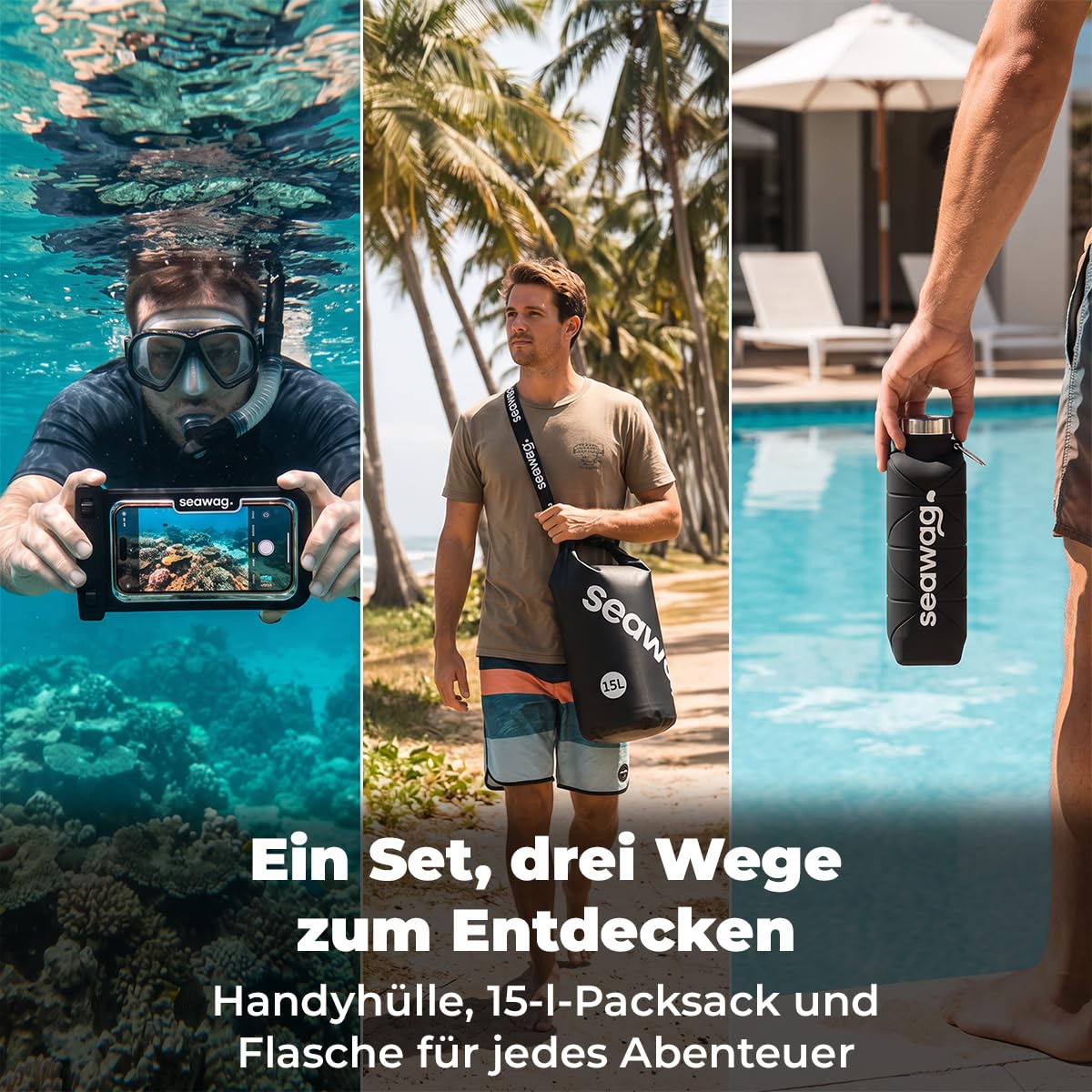 SEAWAG Solo Traveler Kit - wasserdichte Handyhülle Bundle (IPX8 bis zu 25 m) mit schwimmendem Griff, Armschlaufe & Fahrradhalterung - Universal Dry Bag für iPhone & Android - Strand-, Reise