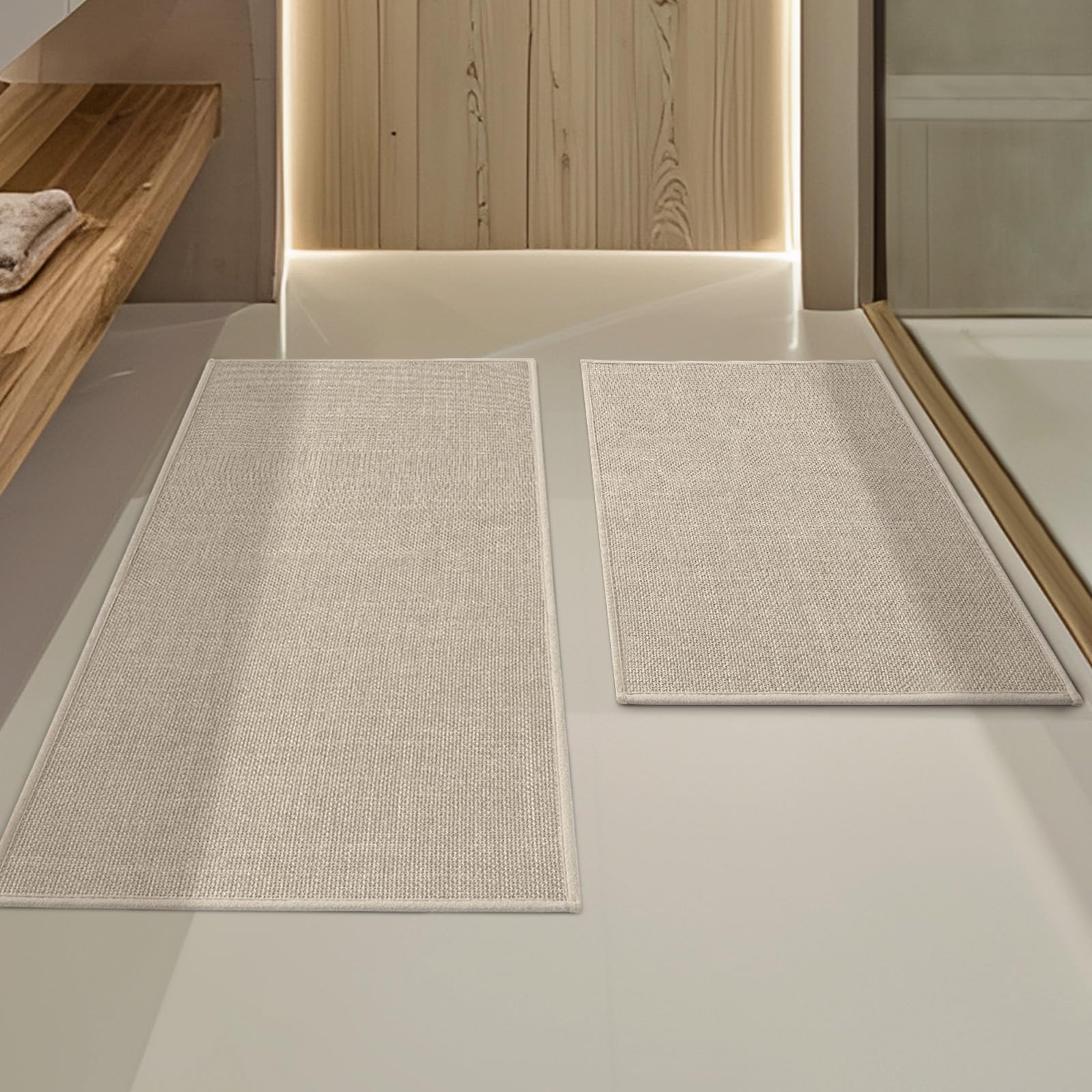 YIHOUSE Beige Bathroom Rug Sets 2 Piece, Bathroom Mat Quick Dry, Thin Bath Rug Set,Absorbent Bath Mat for Bathroom Non Slip Washable for Toilet and Floor(17"x24"+17"x32")