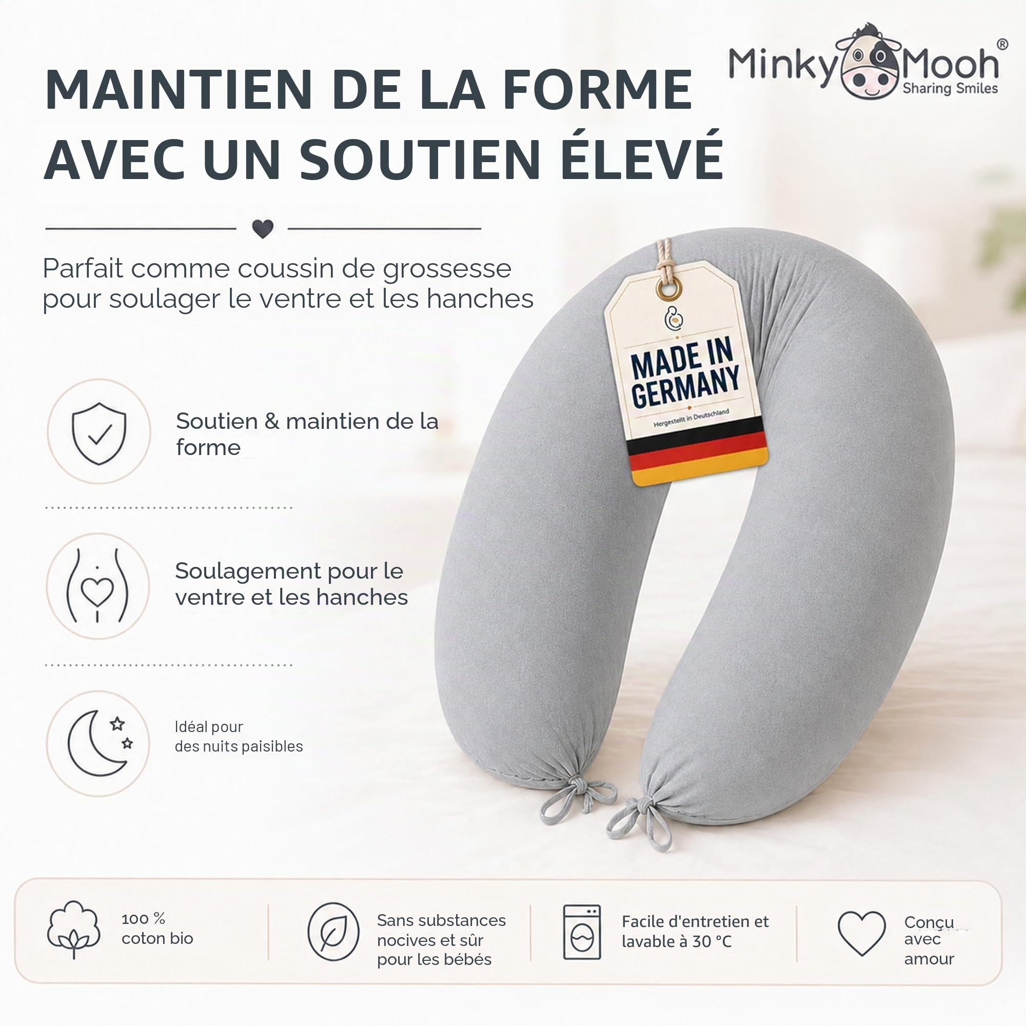 Coussin d'allaitement XXL en Coton Biologique avec Rembourrage en kapok | Coussin de Grossesse Coussin pour Le Sommeil latéral | Anti-Allergique et Silencieux | 190x30 cm, Gris