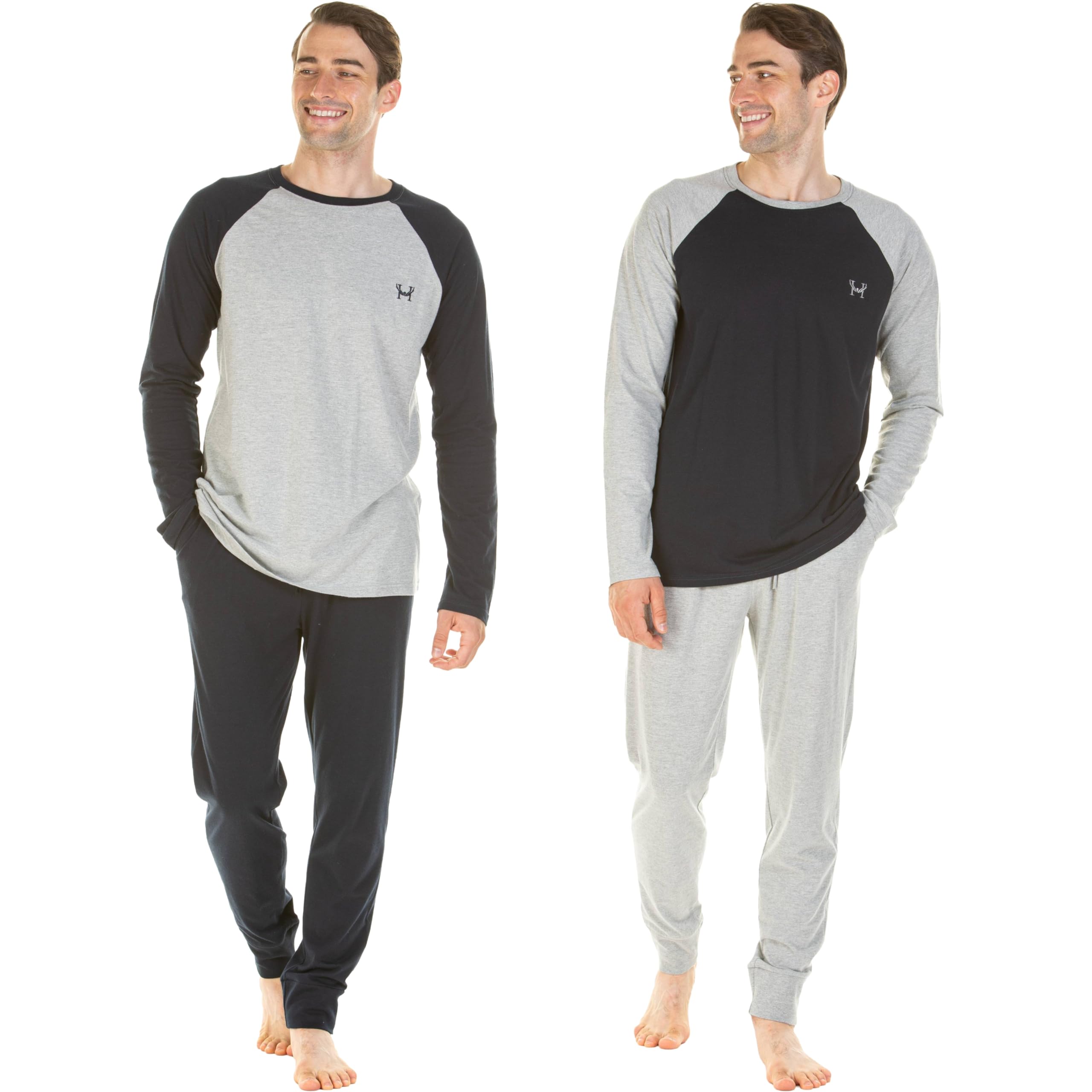 Haigman Men's Grey/Navy Cotton Rich Long Sleeve Jersey Pyjama Set
