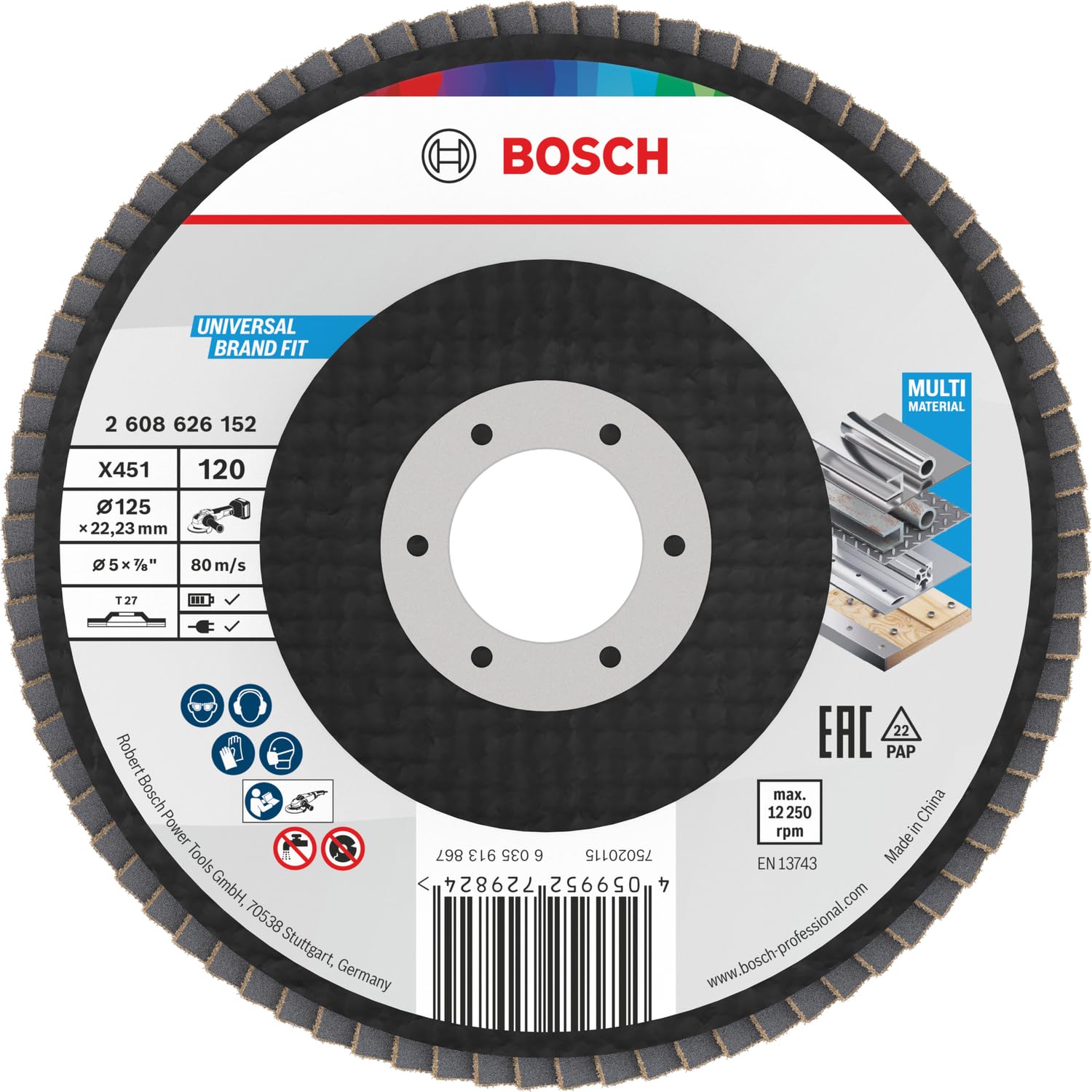 Bosch 15x Disco lamellare X451, G80, G120 (per Acciaio, Alluminio, Ø 125 mm, Grano 120, Professional Accessorio Smerigliatrice angolare piccola)