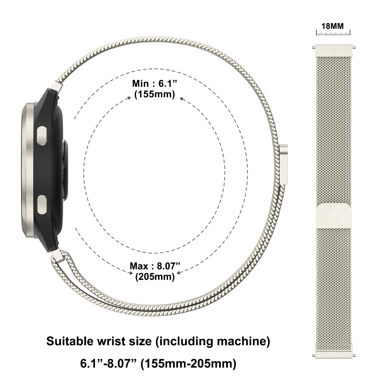 Amzpas Bransoletka do zegarka Garmin Vivoactive 4S/Venu 3S/Venu 2S / Vivomove 3S, dla kobiet i mężczyzn, 18 mm, stal nierdzewna, metalowa bransoletka zamienna do Garmin Forerunner 255S/265S