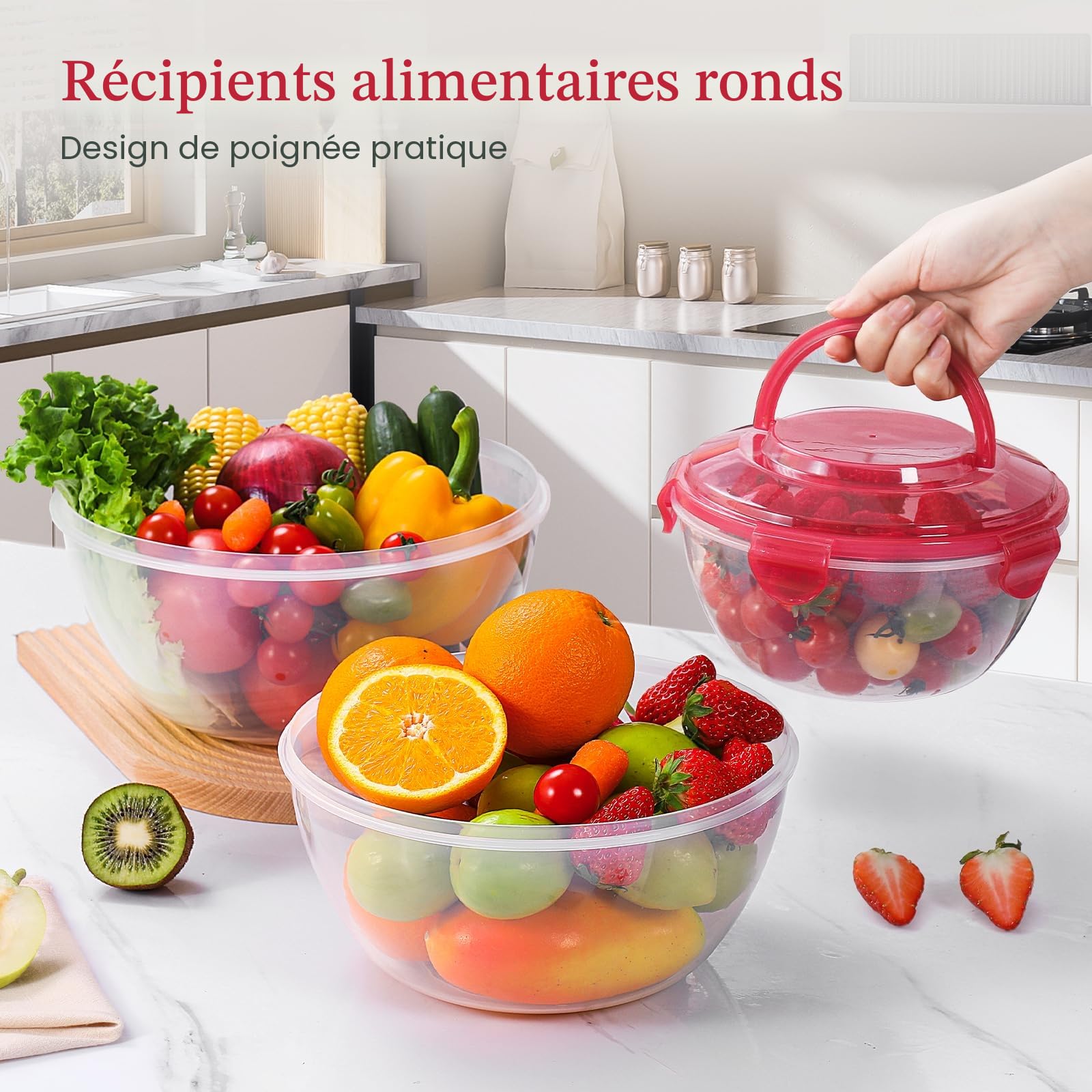 Luxear Lot de 4 Grand Saladier avec Couvercle Hermetique 1L-4,5L, Bol Plastique Reutilisable Bol de Cuisine Portable avec Poignée Sans BPA Boite de Conservation Passent Micro-ondes et Lave-vaisselle