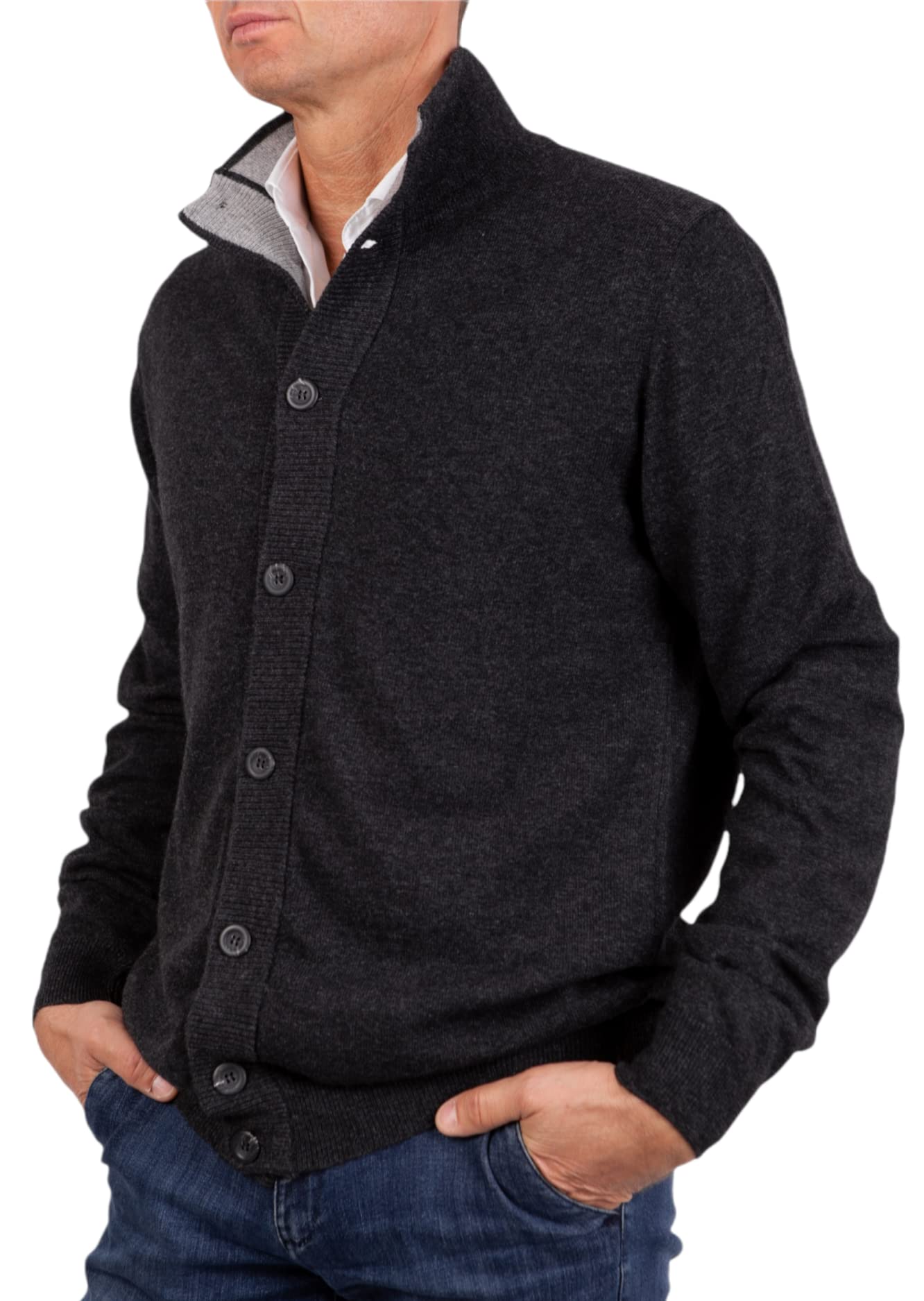 Men's Jacket mere Blend Cardigan Buttons Made in Italy Silk Sweater Pullover Long Sleeve Merino Wool mere Sweater Beige Blue Grey Knit Winter Clothing Gift, anthracite, L