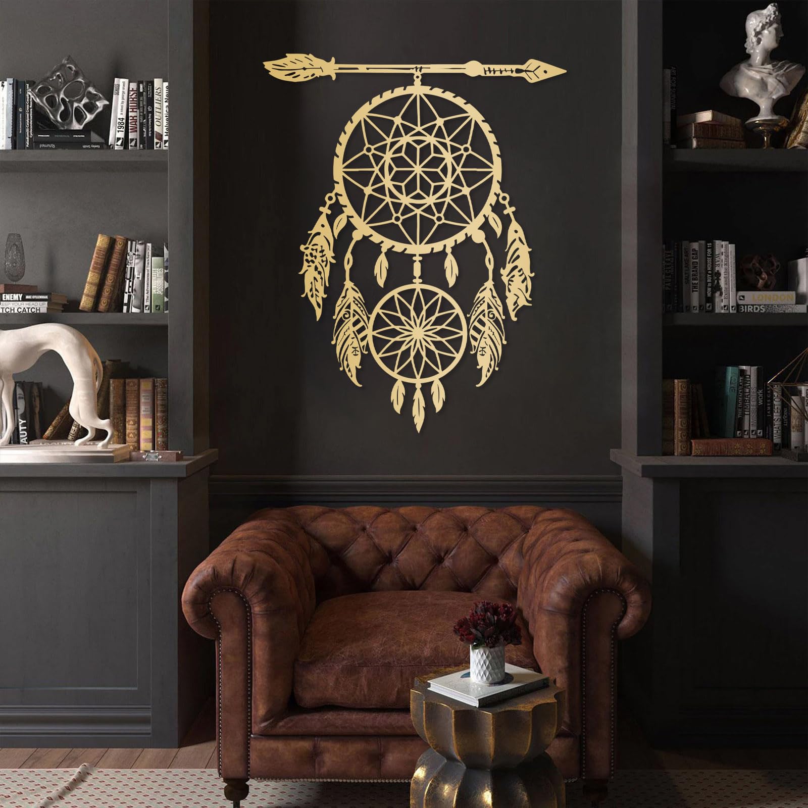 Atrapasueños de Metal Negro, decoración de Pared de Metal, Arte Nativo Americano Bohemio de Metal, Escultura Moderna Decorativa para Sala de Estar, Dormitorio, Pasillo y escaleras.
