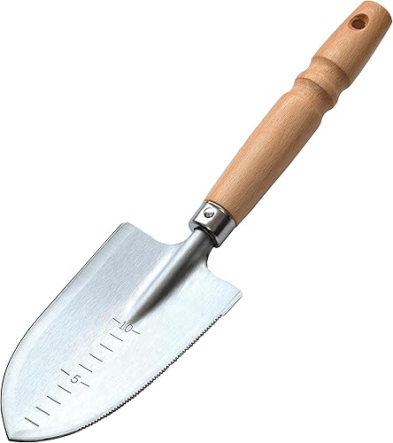 Paleta de jardín con mango largo y borde dentado, pala de mano de 15 pulgadas para jardinería, camping, mochileros, acero japonés resistente, mango