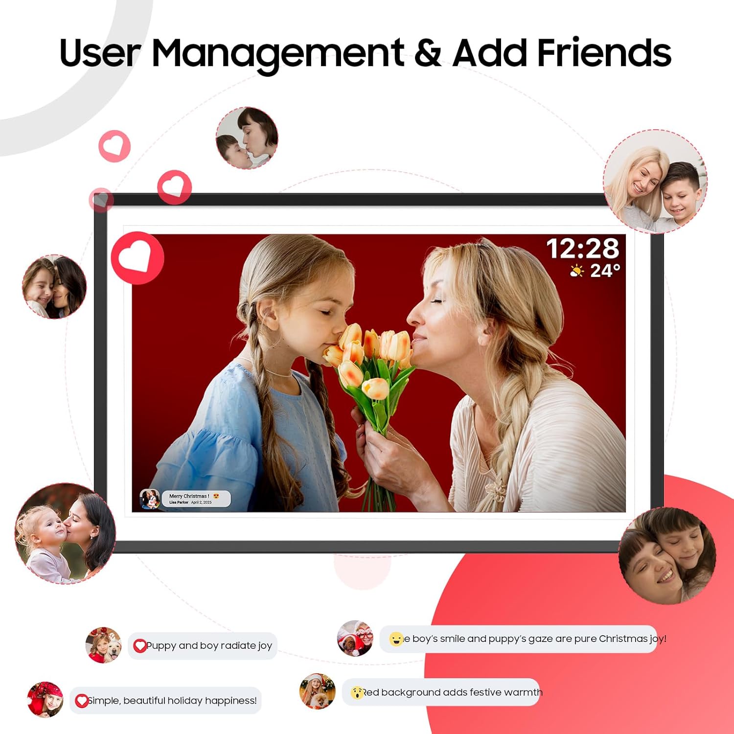 A hand interacting with the touch screen of the digital picture frame, demonstrating swipe gestures.