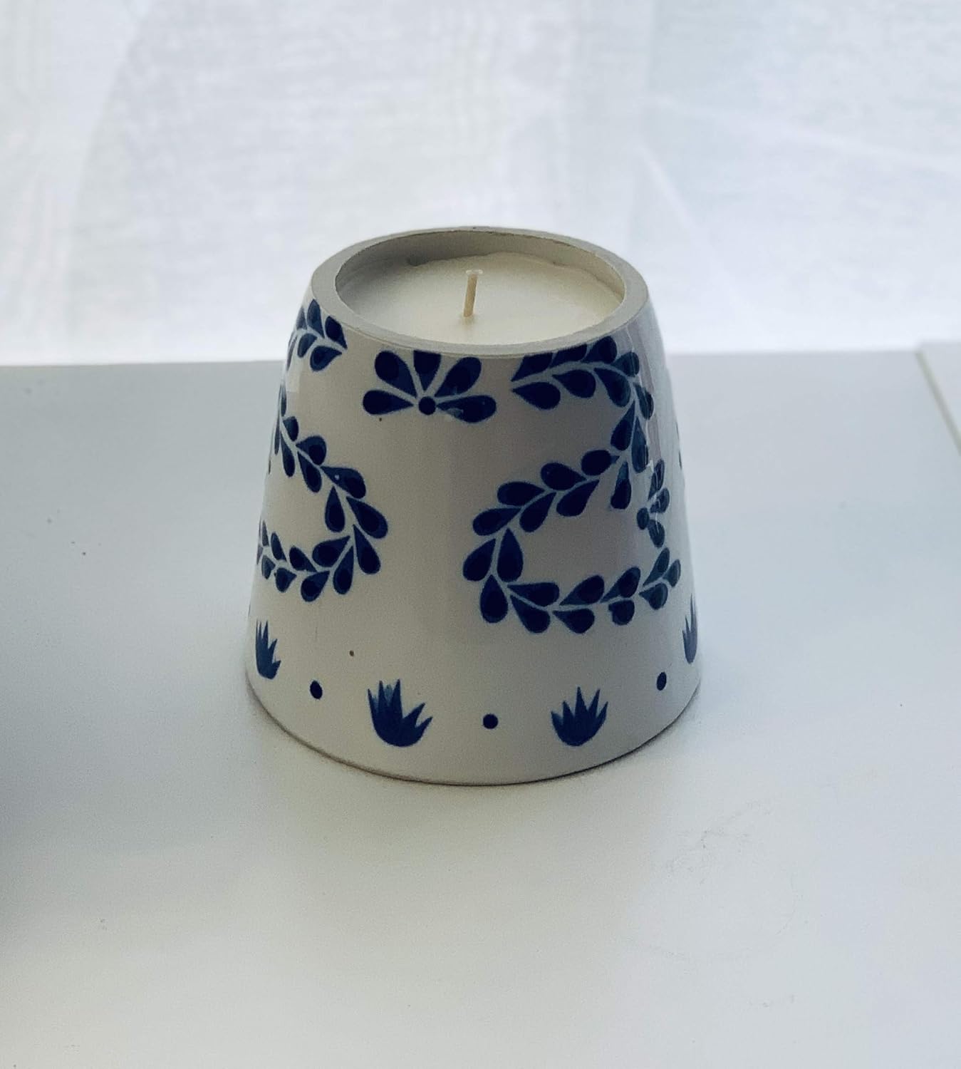 Talavera Soy Candle – Hand-Poured in White & Blue Ceramic – Reusable Artisan Cup – Mexican Pottery