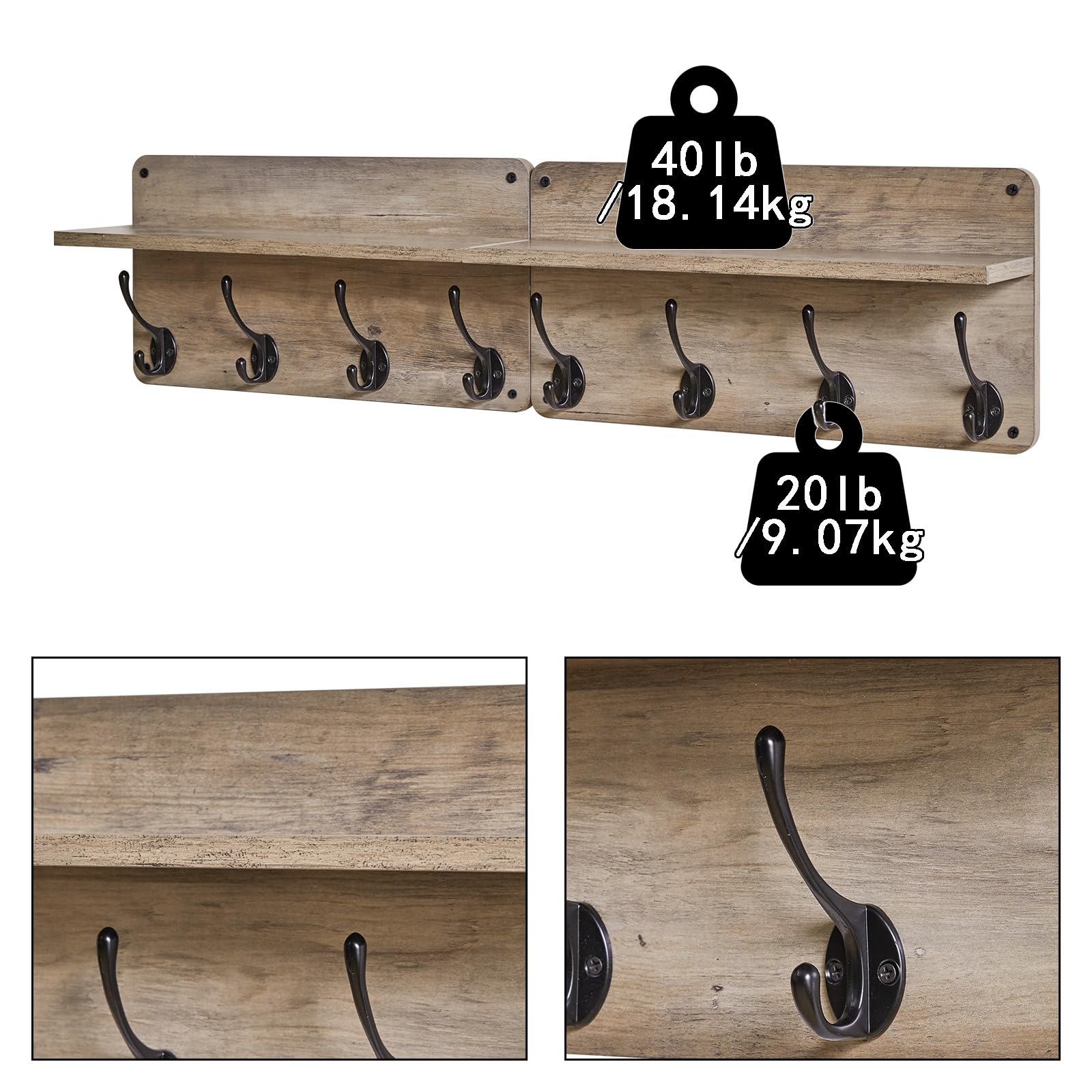 YMYNY Appendiabiti da parete, in legno, set di 2, appendiabiti da ingresso con 8 ganci, 80 cm L, mensole galleggianti, portachiavi, per camera da letto, bagno, soggiorno, grigio argento HWS006Y-2