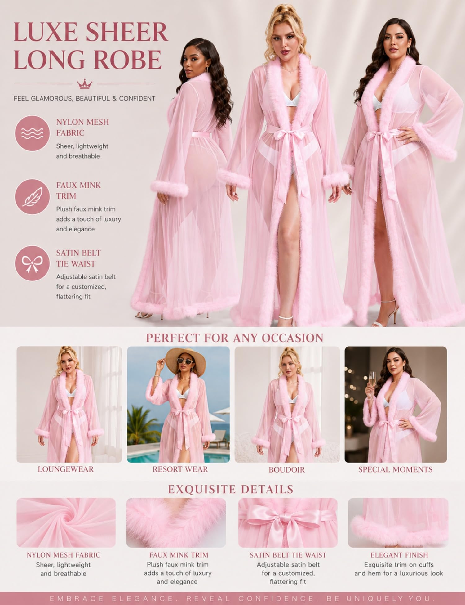 comeondear Kimono Damen Lang Durchsichtig Sexy Morgenmantel Tüll Robe