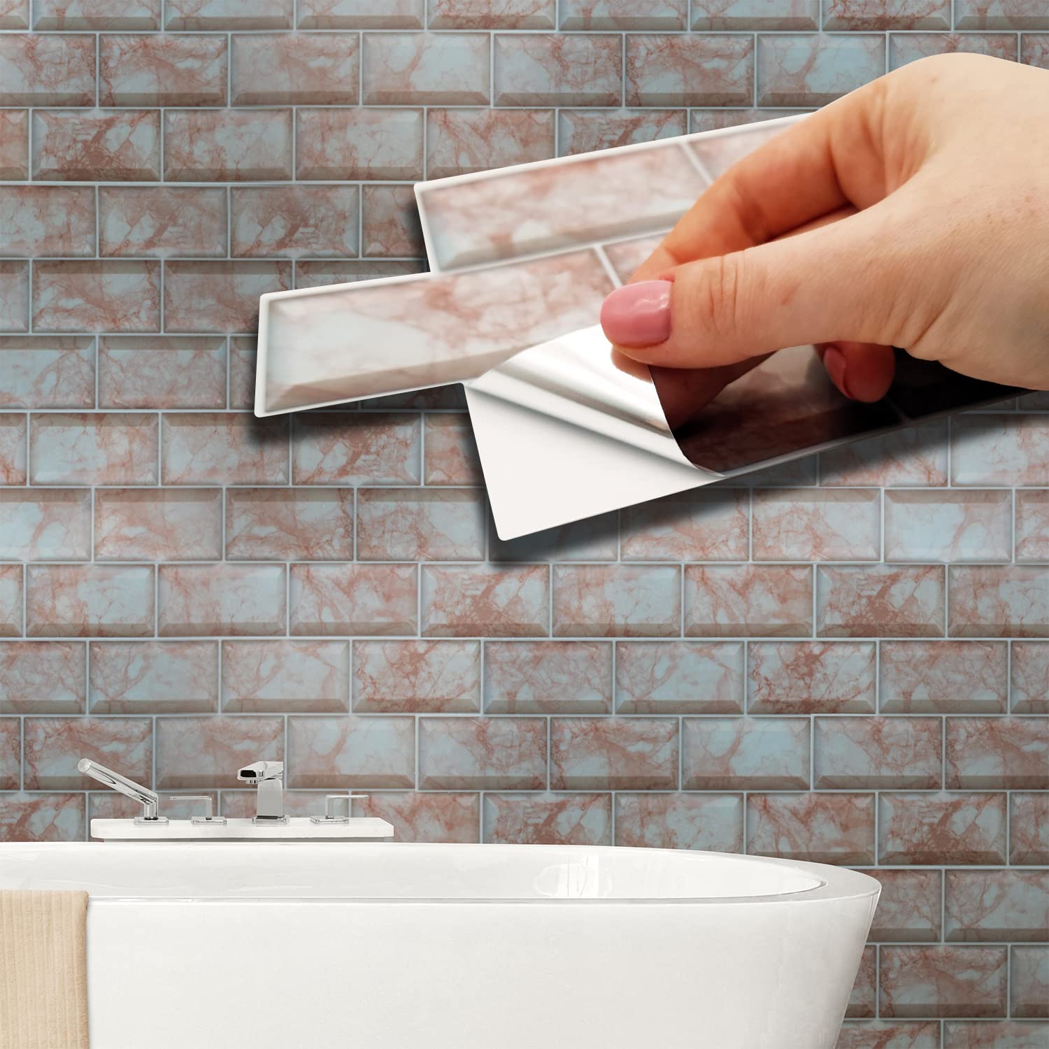 WALPLUS 28.5x14cm@60 pcs Rose Marble Subway Brick Tile Sticker Backsplash Tile Paint Stick on Tiles Peel and Stick Self Adhesive Wall Tiles Stickers for Kitchen Bathroom Tile Transfer