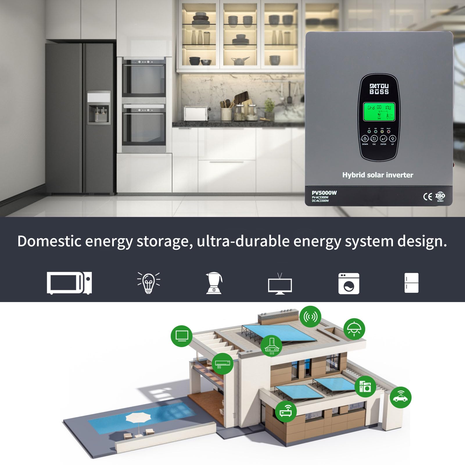 DATOUBOSS 3300W 24V Hybrid Wechselrichter Reiner Sinus, 120A MPPT 5000W PV, 24V auf 230V, Off-Grid Solar Inverter, BMS kompatibel, für Blei- & Lithium-Batterien