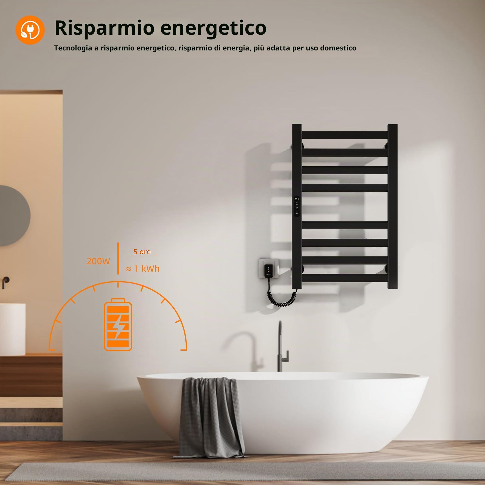 Portasciugamani Elettrico 450x700mm Scaldasalviette Radiatore da Bagno Elettrico Portasciugamani intelligente Termosifone Asciugabiancheria, riscaldamento in fibra di carbonio, antracite-Black Left