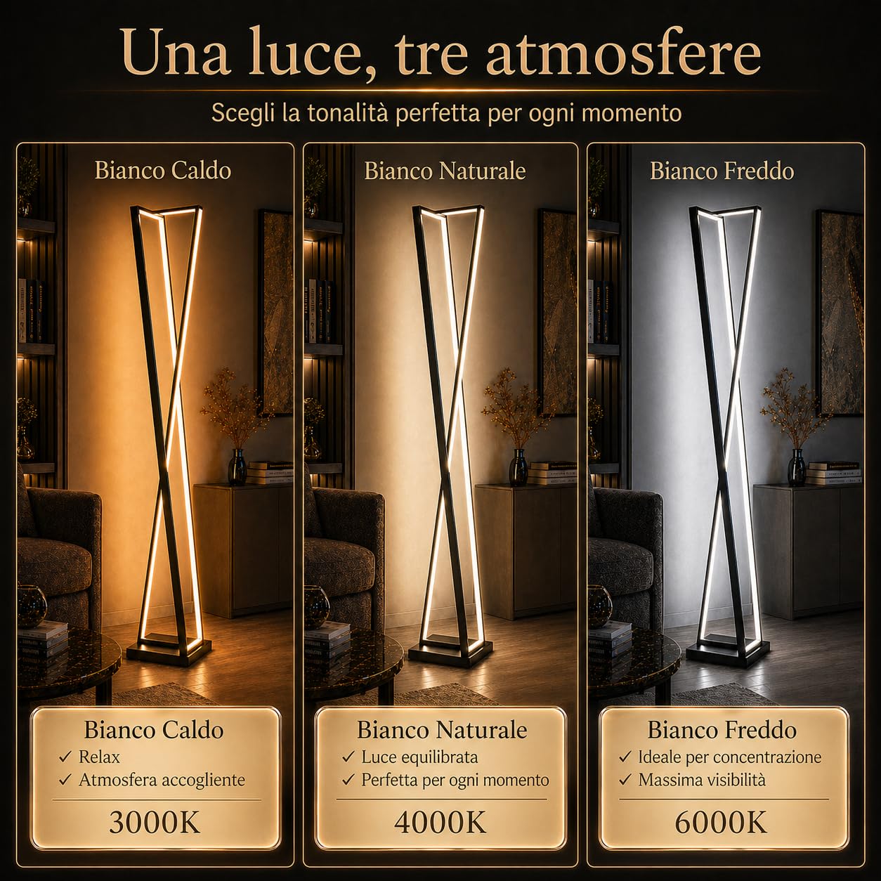 Arcadia Lampada da Terra LED Moderna Forma di Clessidra | Piantana Design Contemporaneo | Luce Calda/Fredda | Lampada Salotto Camera da Letto Studio, Arredo Interni Elegante 125 cm 3000 Lumen (Nero)