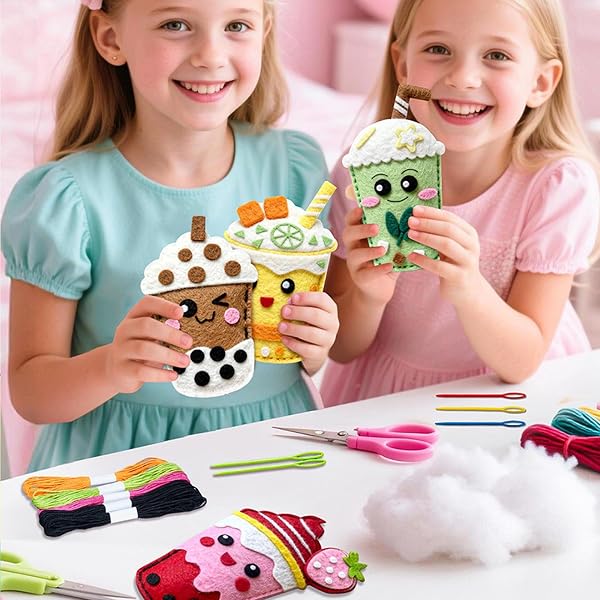 Girls Sewing Kit - Diy Milk Tea Charm Craft Set, Cartoon Needlework Doll Making Kit, Creative Art Activity | Educational Play Home School Project Usage Children Girls - 2