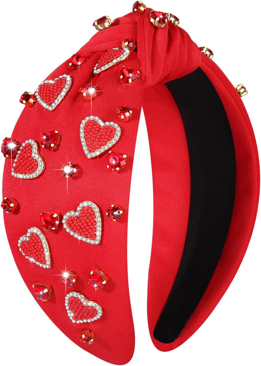 YAHPERN Valentine’s Day Headband for Women Red Pink Heart Knotted Headband Jeweled Rhinestone Crystal Wide Top Knot Hairband Valentine’s Day Hair Accessories Holiday Gifts (Red)
