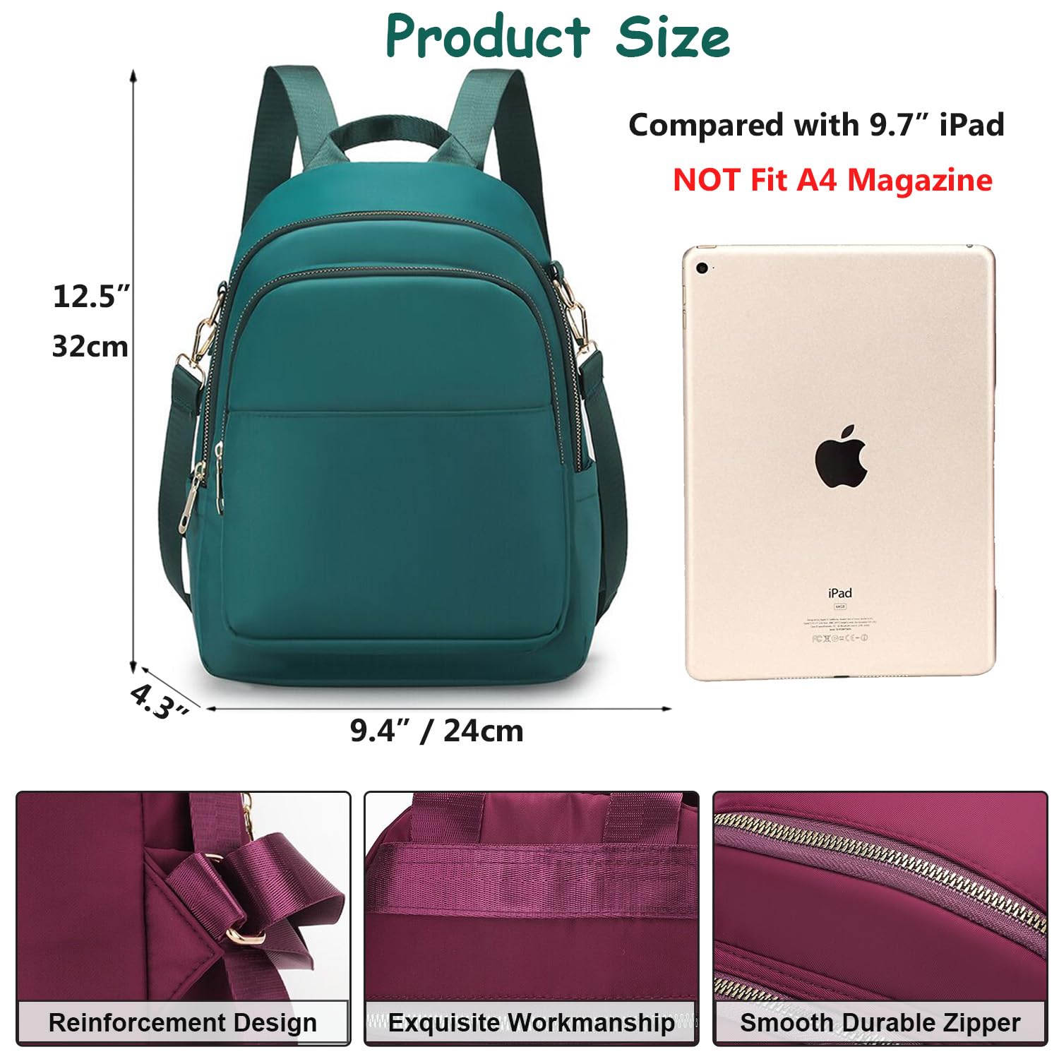 Piccolo zaino da donna, in nylon, leggero, piccolo, robusto, piccolo zaino casual da viaggio, per donne e ragazze all'aperto, viaggi, lavoro, shopping, adatto per iPad da 9,7 pollici, 7L