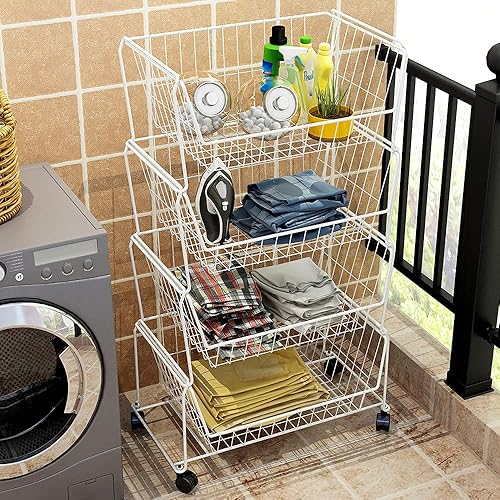 Miniatura 4 de PUSDON Carritos de almacenamiento de metal apilables, estante de doble uso para cocina, cestas de frutas y verduras con ruedas, estante de