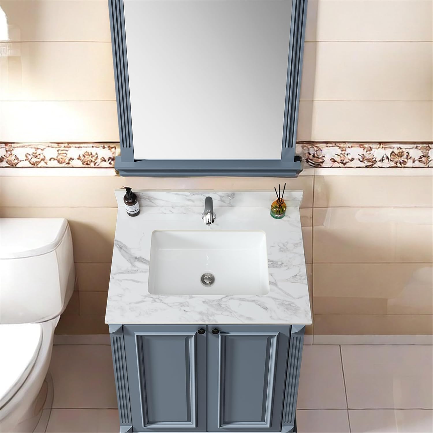 Montary Vanity Top with Sink 31" x 22", Carrara White Sintered Stone Undermount Rectangular Ceramic Sink & Backsplash, Single Bowl Vanity Top with 1 Pre-Drilled Hole