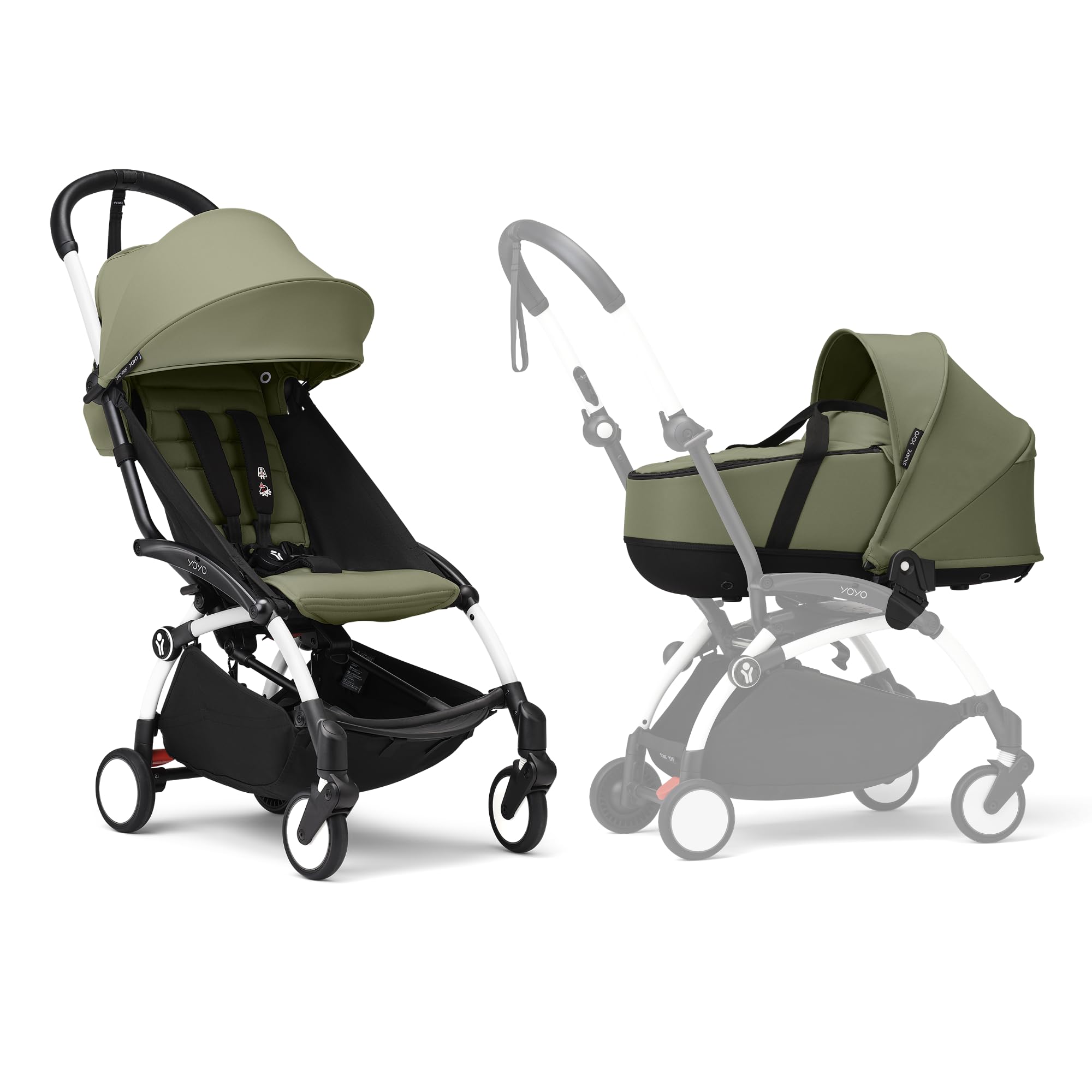 Cochecito YOYO3 de Stokke con Capazo para Recién Nacido - Incluye chasis en blanco, pack color 6+ para YOYO (Olive) y Capazo para Recién Nacido (Olive)