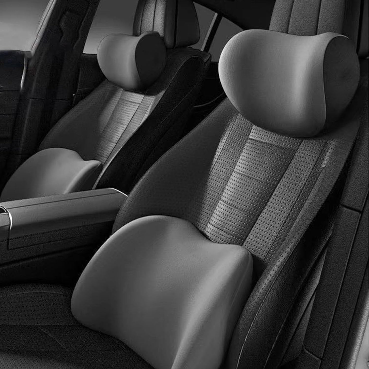 MNHCAC Car Headrest and Lumbar Support Cushion For VW ID.3 ID.4 ID.4 Crozz ID.4 X, Ergonomic Memory Foam, Breathable Removable Cover,Grey- Headrest and Lumbar Cushion