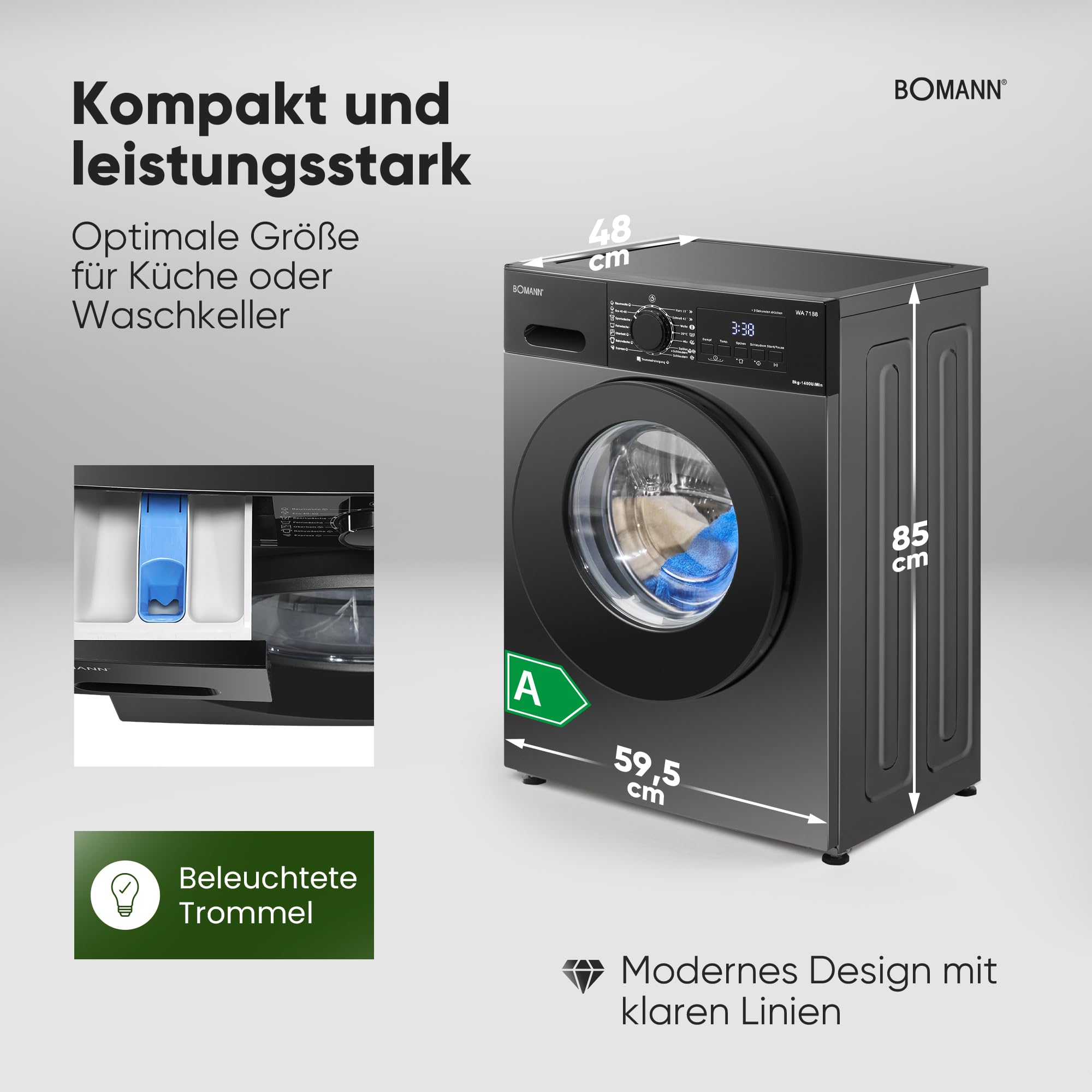 Bomann WA 7188 Waschmaschine 8kg 1400 U/min Invertermotor Dampffunktion LED-Display titan-schwarz