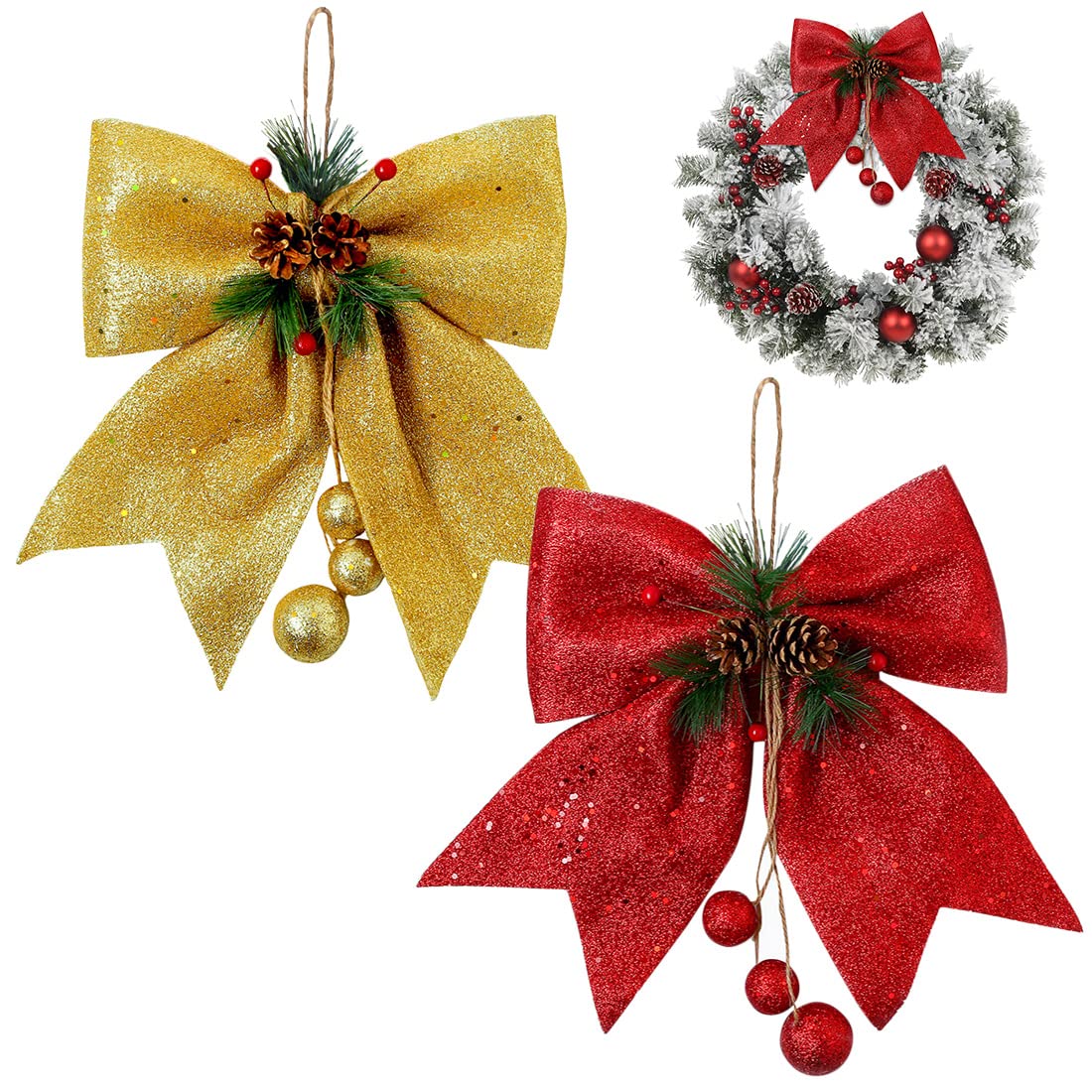 VDSOW Adorno para árbol de Lazos de Navidad, 2 Cintas de Lazos de árbol de Navidad con Purpurina Brillante en Oro Rojo, Gran Puerta de Lentejuelas, Adorno de Navidad para decoración de Navidad