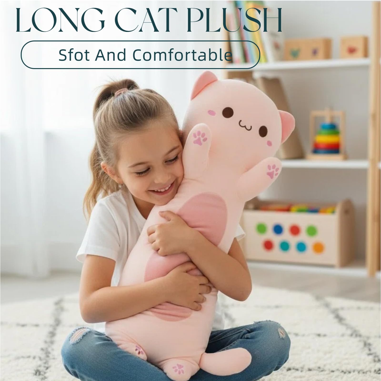 Długa pluszowa poduszka w kształcie kota, 110 cm, ultramiękka, wypchane zwierzę poduszka do ciała dla dzieci i dorosłych, uroczy pluszowy kotek, kawaii, prezent dla miłośników kotów
