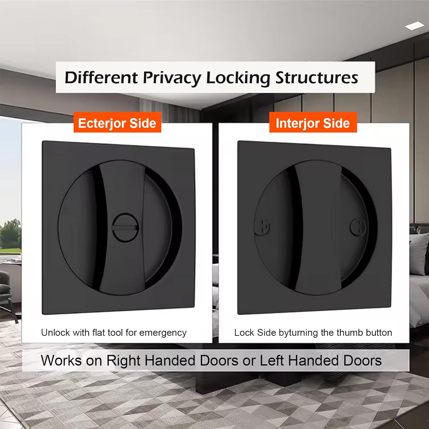 Pocket Door Hardware, Square Pocket Door Lock Privacy Pocket Door Lock Handle with Pocket Door Pull - Reversible Pocket Door Latch for Safety (Black, No Key)