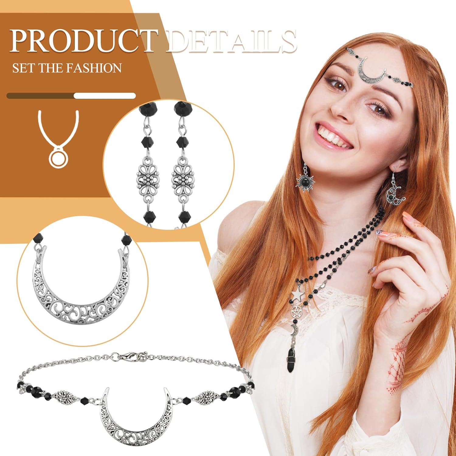 3 Pcs Gothic Sun and Moon Jewelry Witch Jewelry Set Boho Head Chain Multilayer Star Choker Crystal Earrings for Women Halloween Cosplay - Image 3