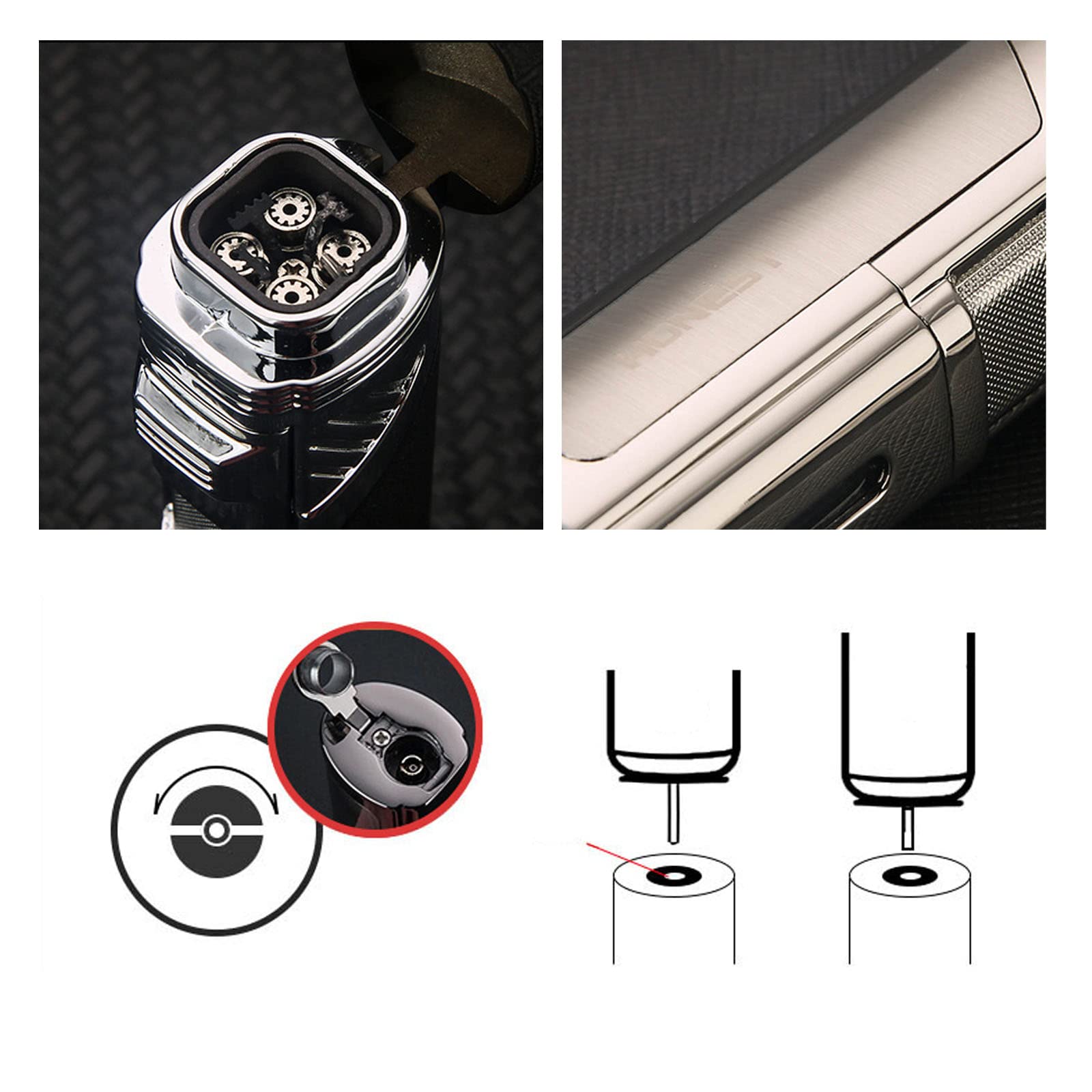 Jet Torch Encendedor Recargable Butano 4 Encendedor de Llama Rosa A Prueba de Viento con Taladro de Cigarro Ventana de Gas Visible Sin Combustible,Black,82 * 29 * 23mm