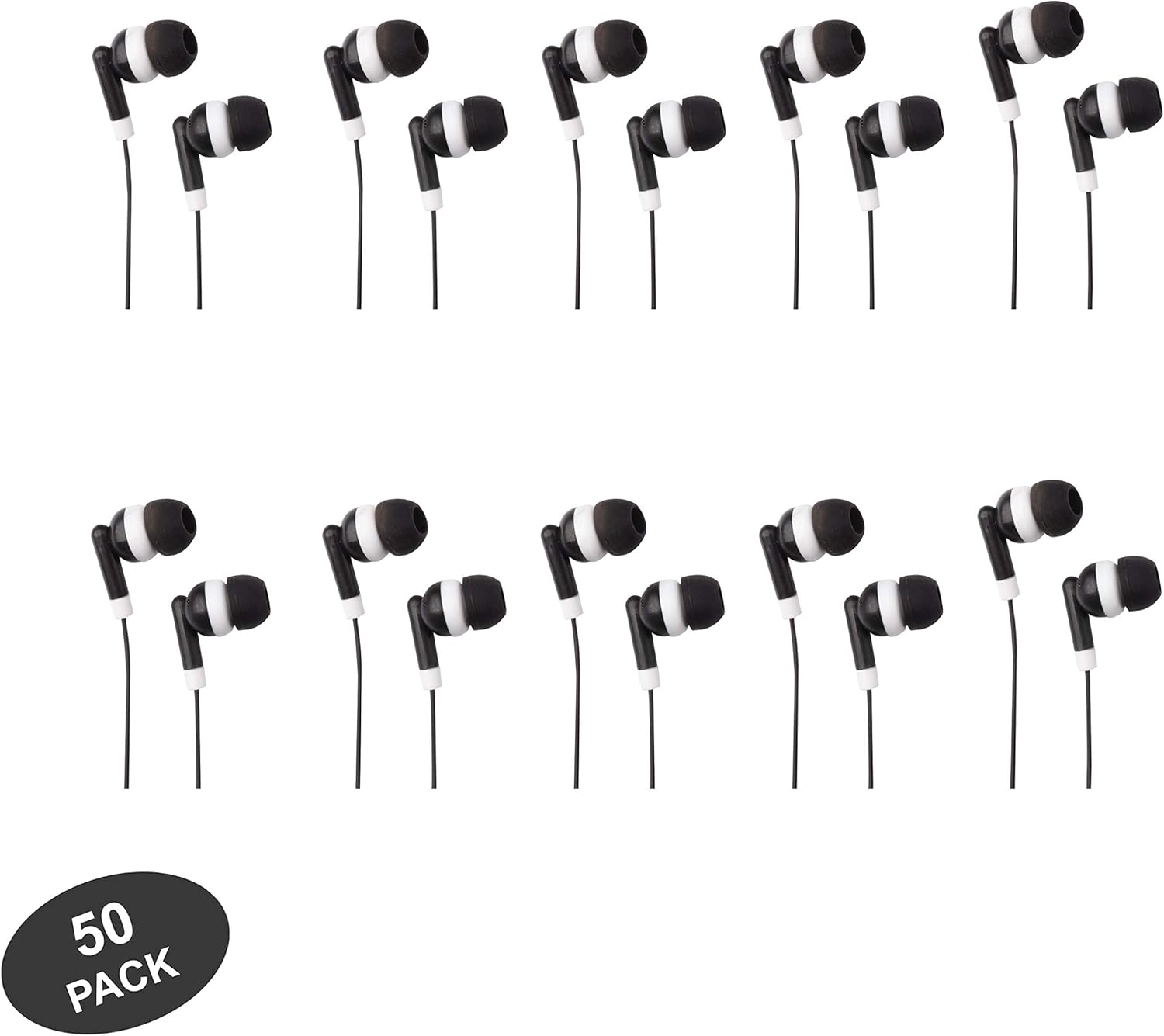 🔥 Flаѕh Sаlе JustJamz Basic Dot Headphones Black in-Ear Earbud Headphones for Apple Android Laptop PC Mac Bulk Earbuds for Students Kids Classroom 50 Pack