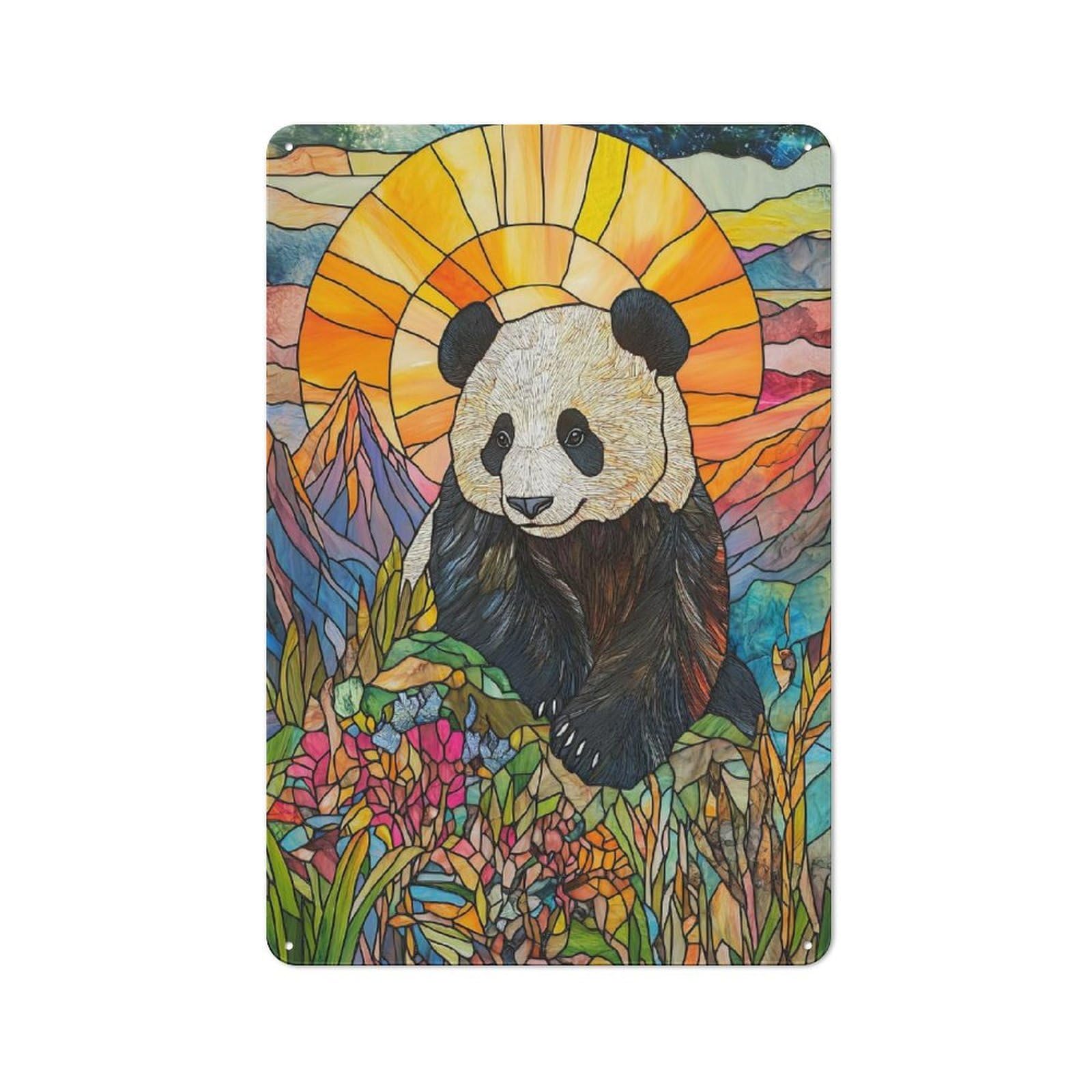 Junmoney Panda In Mountain Sunset Retro Decorative Tin Plaque 30X20cm Featuring Novelty Wall Art For Bedroom, Kitchen, Office Or Living Room