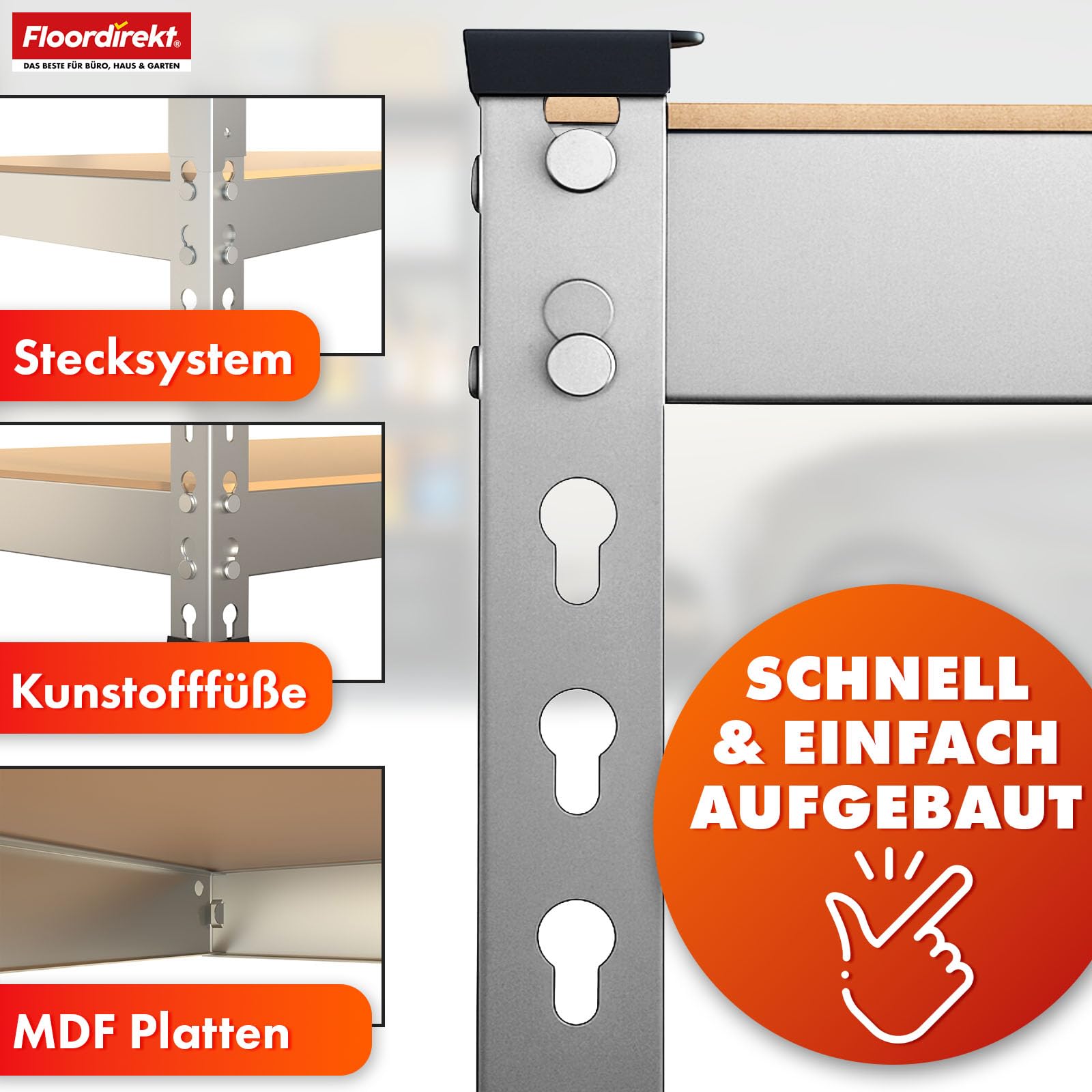 Floordirekt Schwerlastregal, Kellerregal, Lagerregal mit Stahlgestell 1050 kg Traglast (Verzinkt, 180 x 90 x 60 cm) Rhino