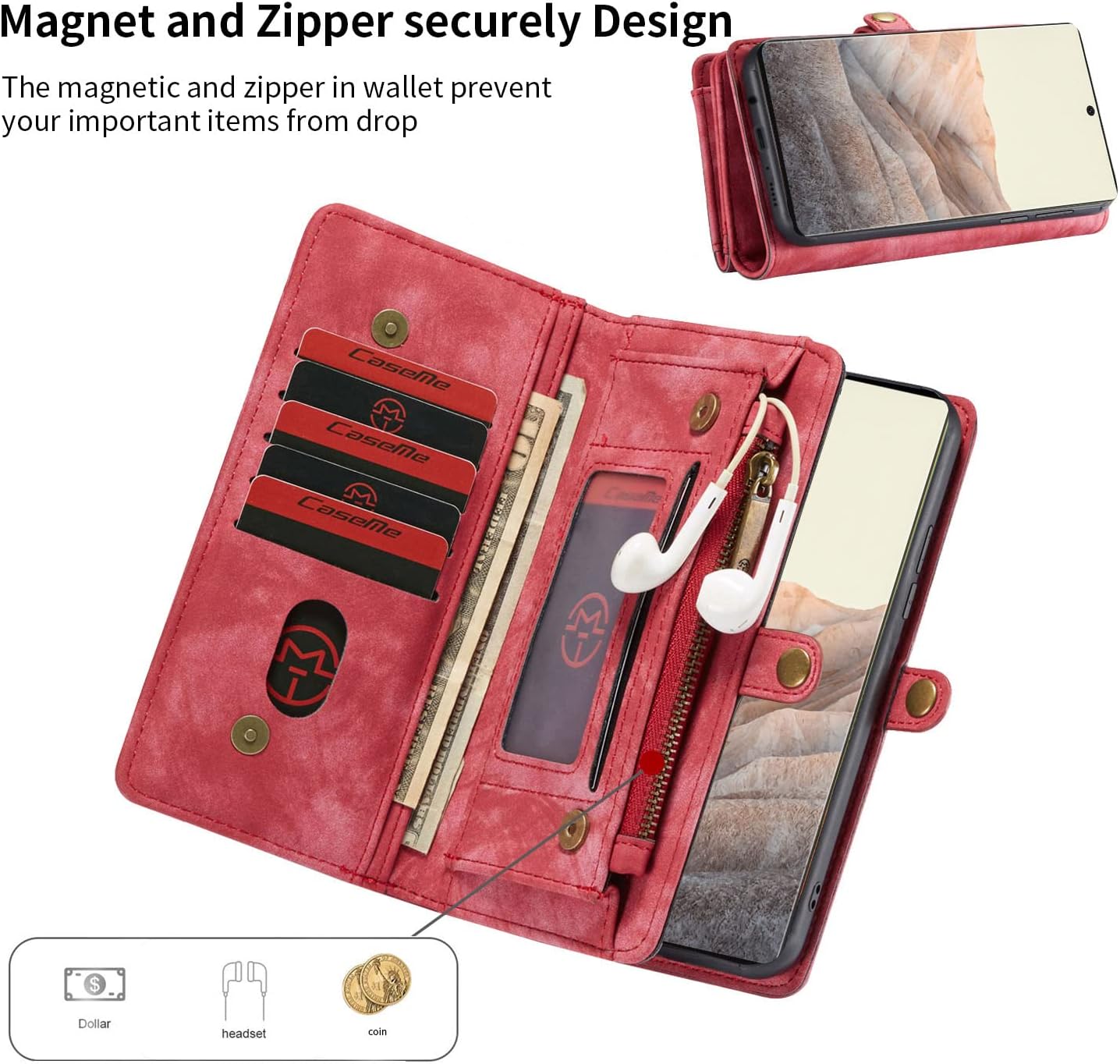 Simicoo Google Pixel 6A Leather Detachable Wallet Zipper Case with 11 Card Slots Holder Magnetic Case for Google Pixel 6A Flip Wallet Handle Wrist Strap Pocket Handbag (Pixel 6A, Red)