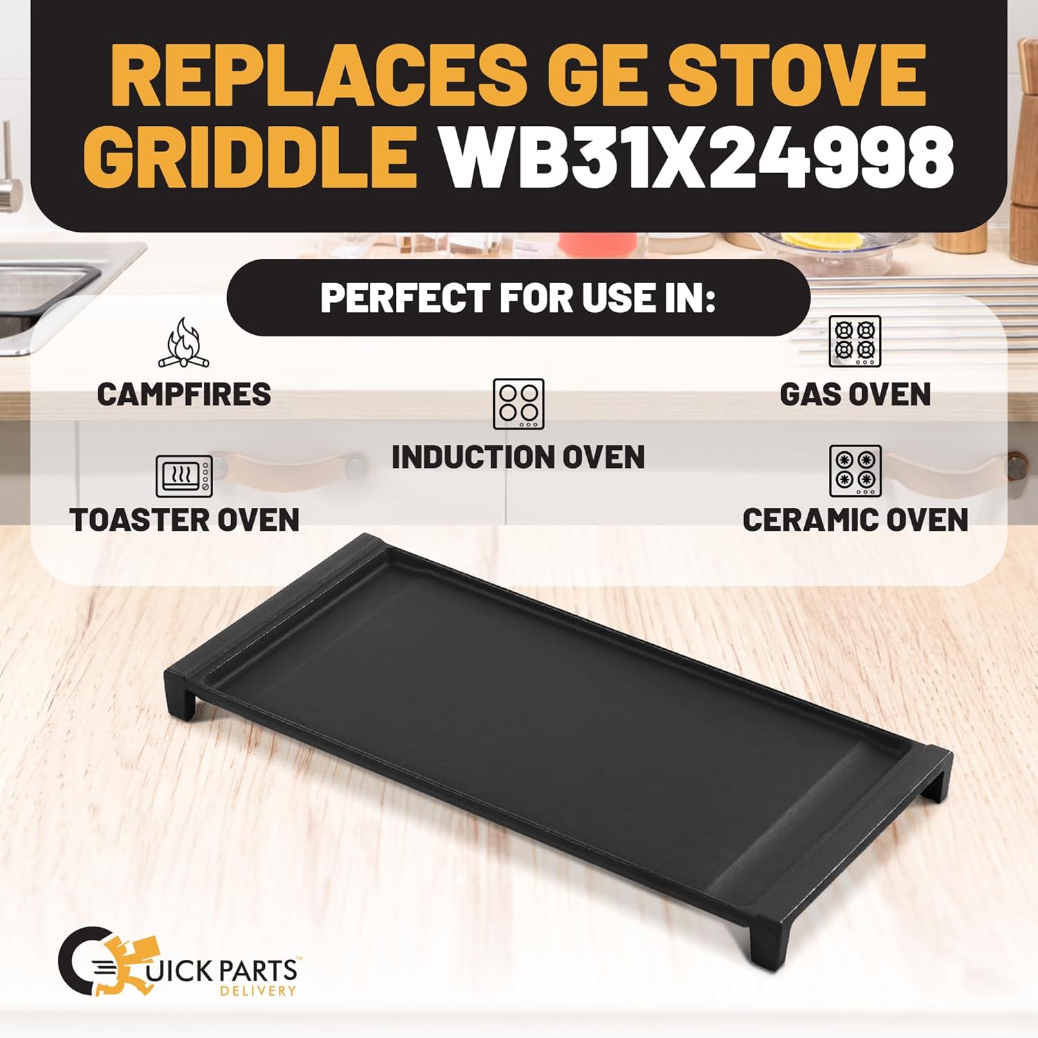 QPD Cast Iron Griddle for Gas Grill - Aftermarket Cast Iron Griddle Replacement for GE Gas Stoves (WB31X24738) - Non-Stick, Easy to Clean & Cook, Compatible with GE JGB6, JGB7, JGB8, JGBS, & JGS