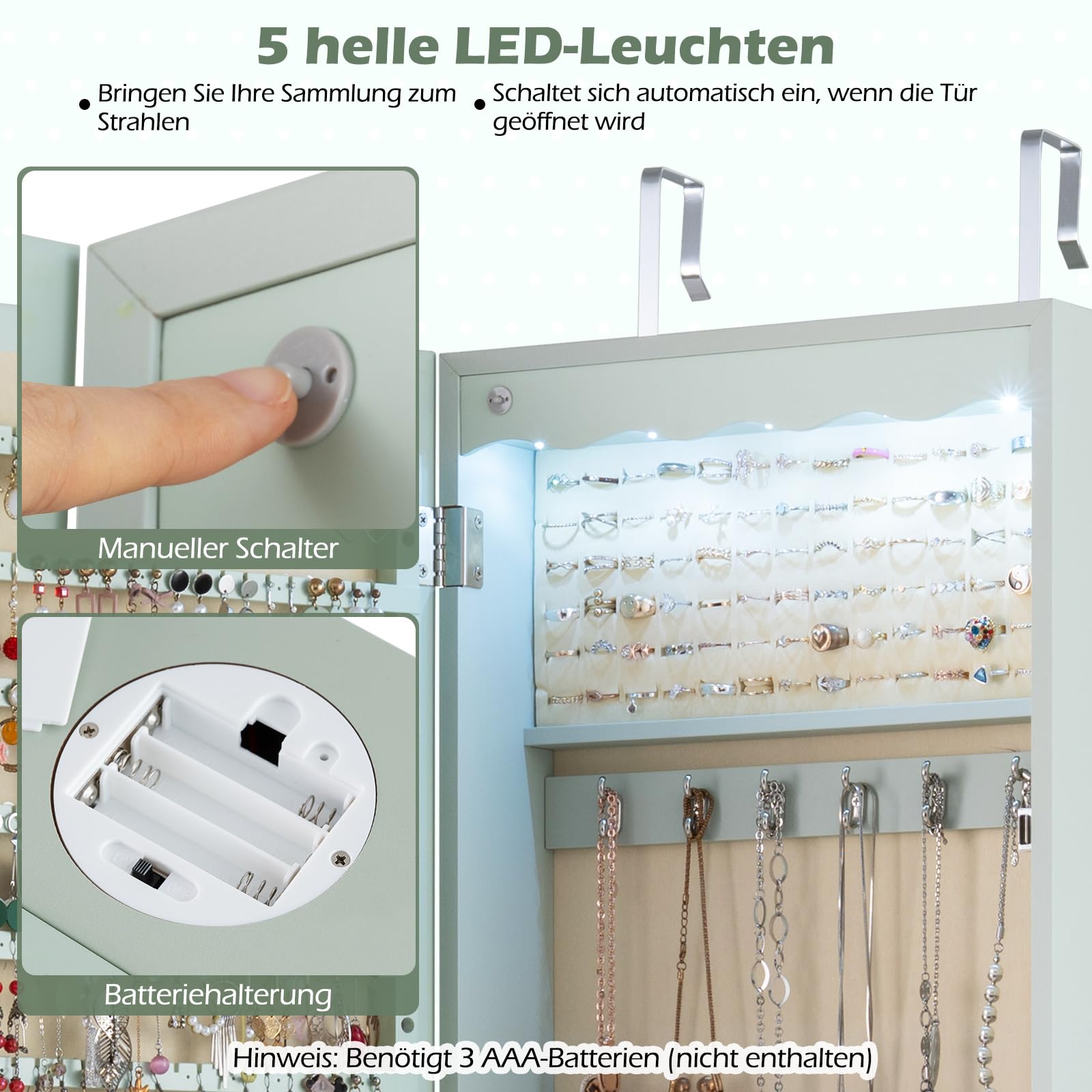 COSTWAY Schmuckschrank mit LED Beleuchtung, 6 Schubladen und Spiegel, Schmuck Sipegelschrank hängend, Hängeschrank für Tür und Wandmontage, abschließbar (Grün)
